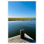 Framed print of Long Island Sound dreamy pier scene, wall art from the Endless Summer Mood Travel Collection in a white frame.