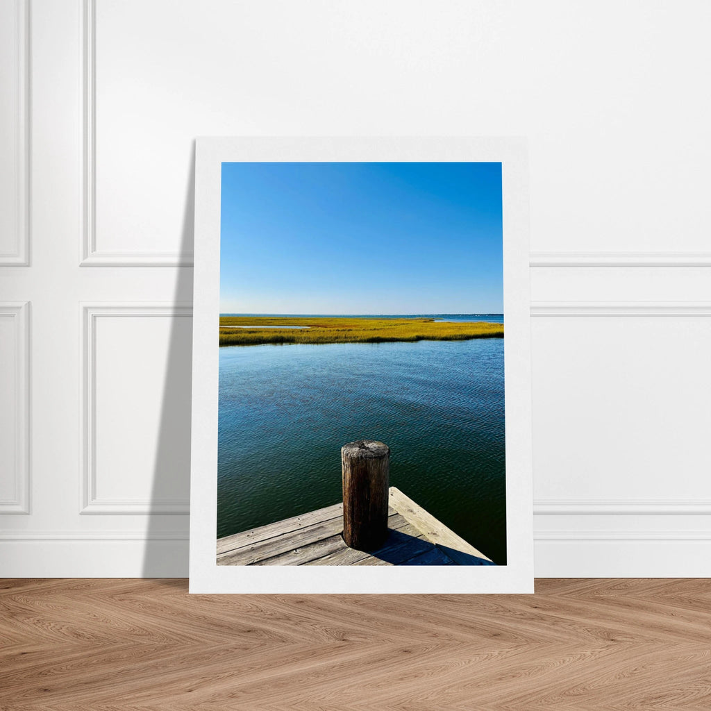Framed poster of Long Island Sound with dreamy pier scene, 13x18 cm print, white frame, from the Endless Summer Mood Wall Art collection.