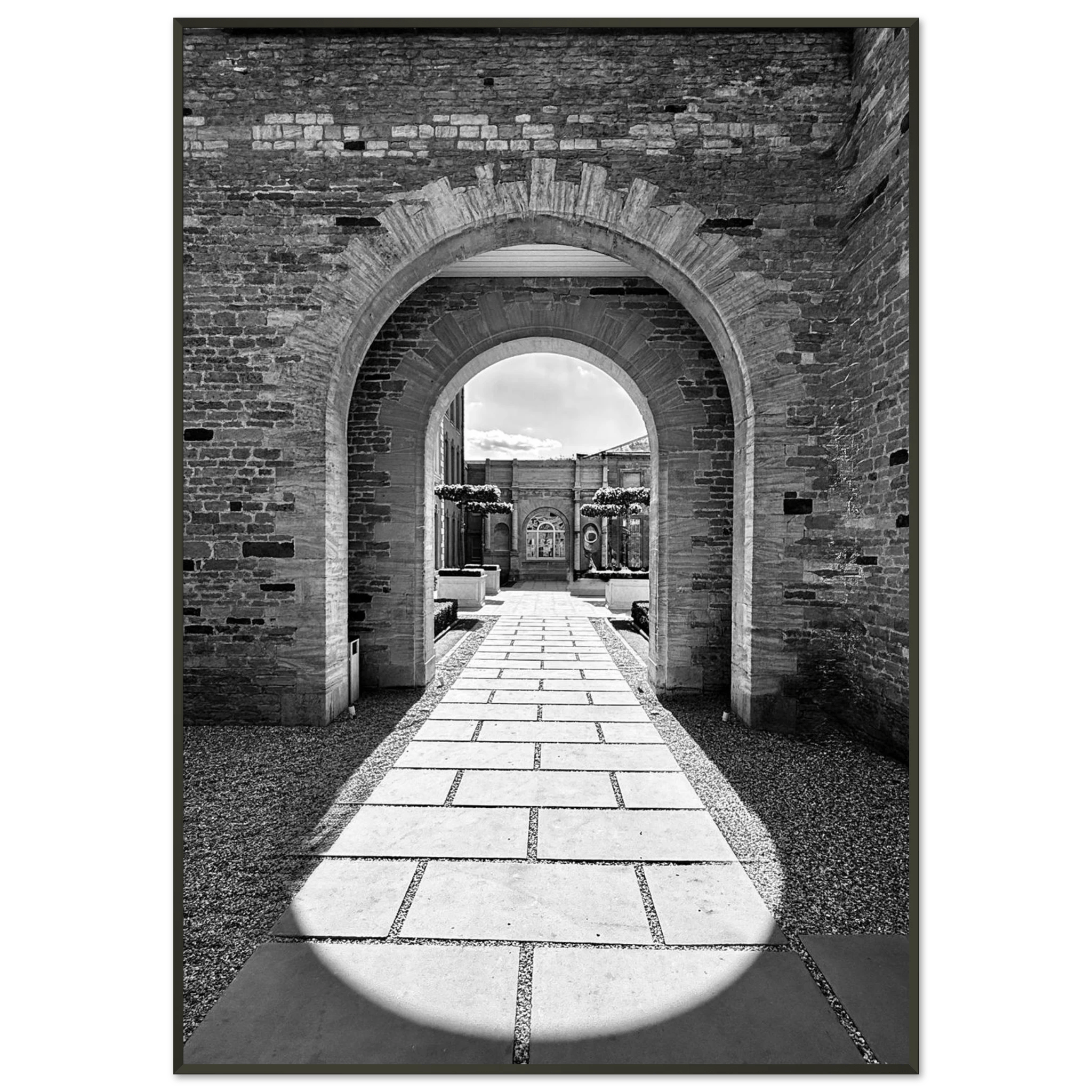 Black and white Cotswolds Estate aluminum framed poster featuring summer light and shadows, part of the travel collection print.