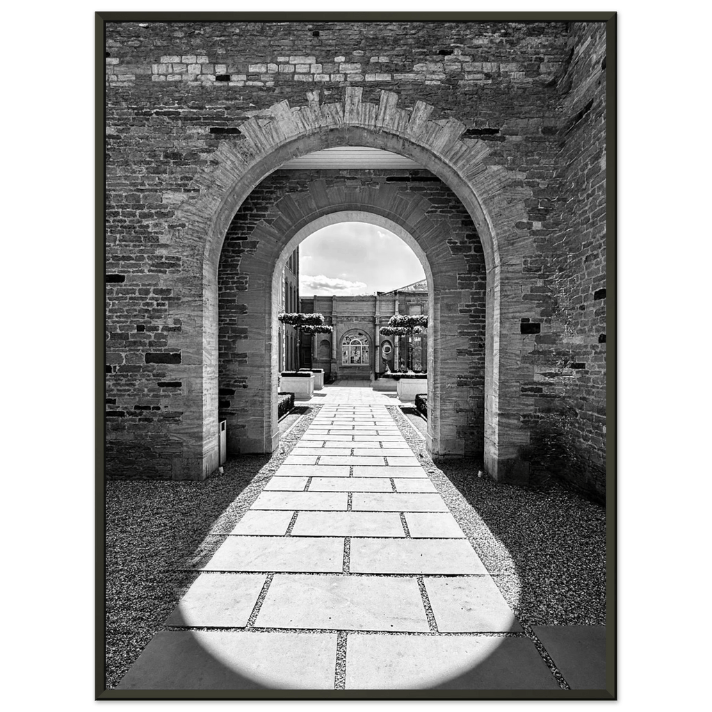 Aluminum framed Cotswolds Estate poster featuring summer light and shadows, black and white travel art print, 15x20 cm.