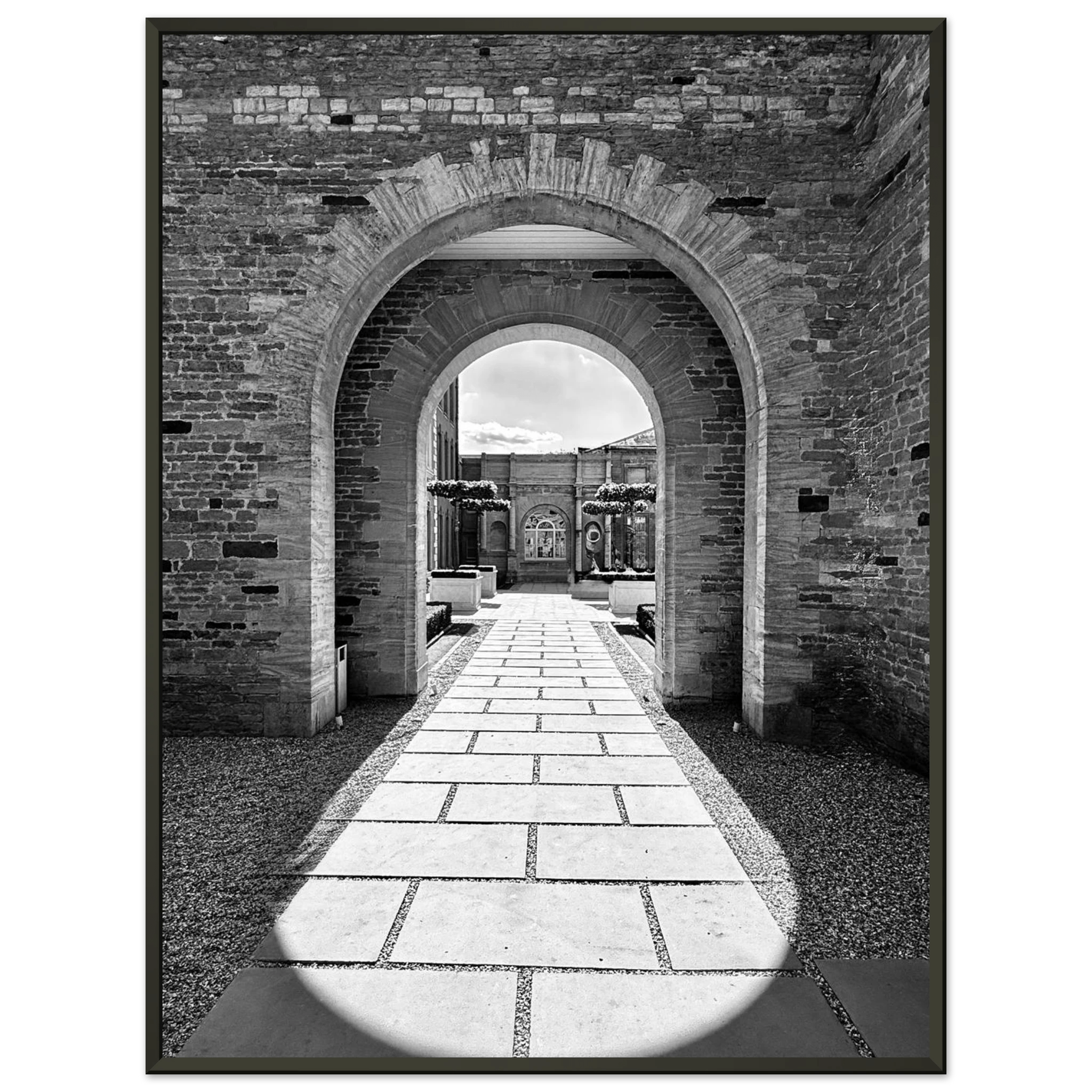 Aluminum framed Cotswolds Estate poster featuring summer light and shadows, black and white travel art print, 15x20 cm.