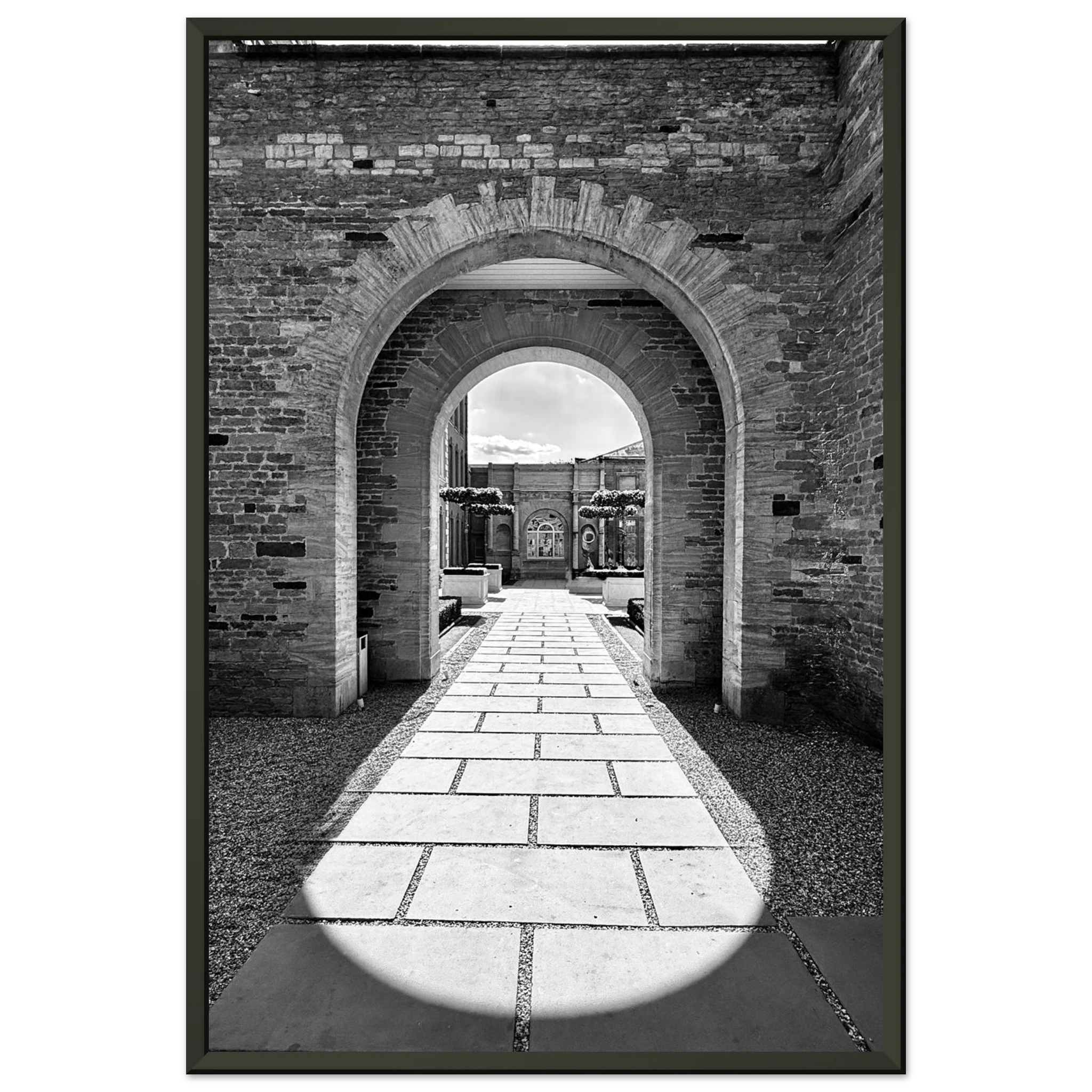 Black and white Cotswolds Estate aluminum framed poster featuring summer light and shadows, from the Studio Edition travel art series.