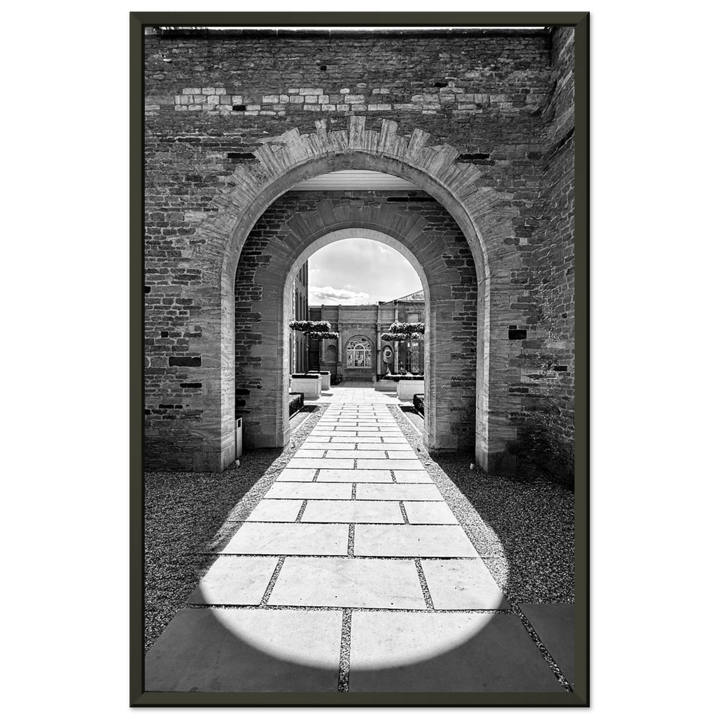 Black and white Cotswolds Estate aluminum framed poster featuring summer light and shadows, part of the travel collection print.