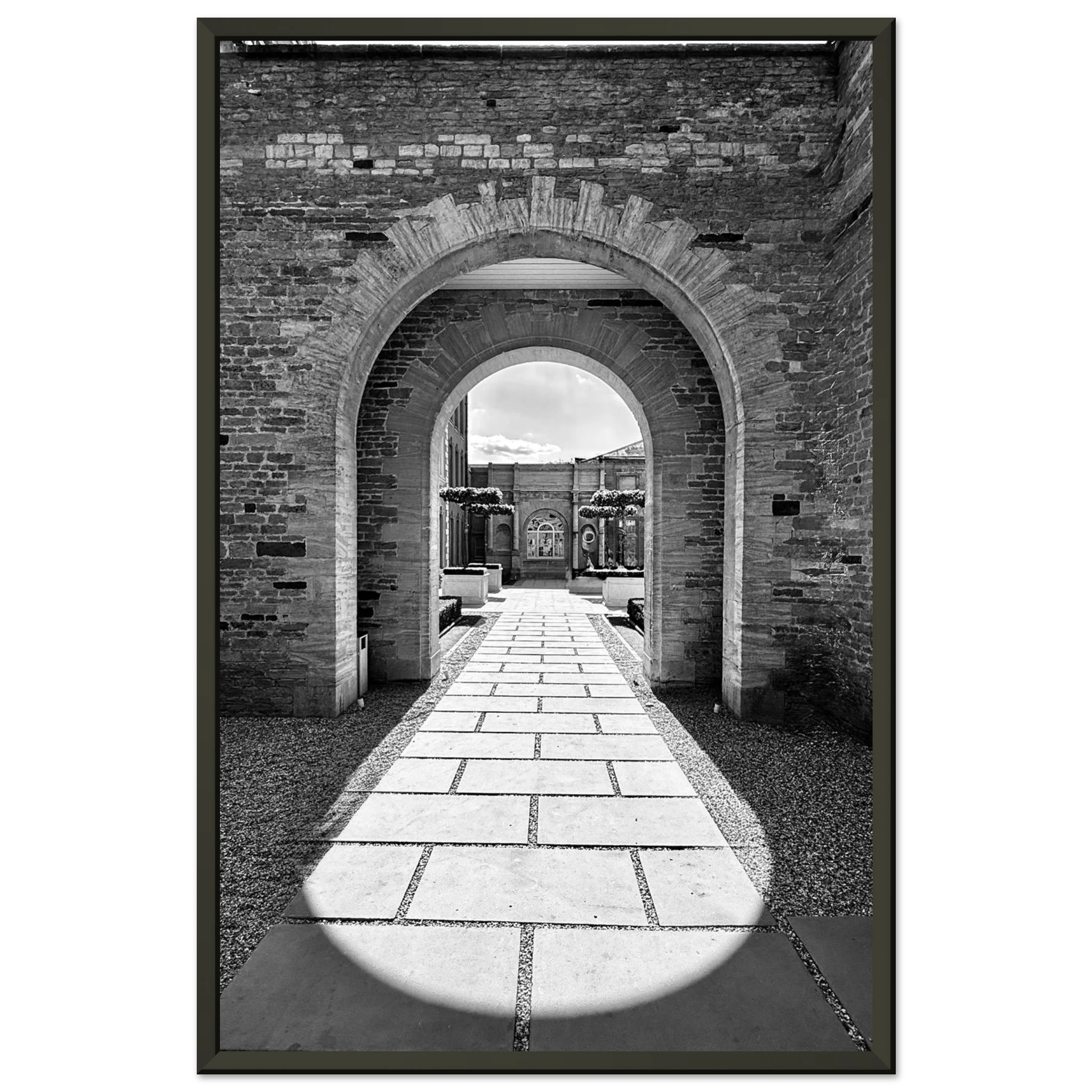 Black and white Cotswolds Estate aluminum framed poster featuring summer light and shadows, part of the travel collection print.