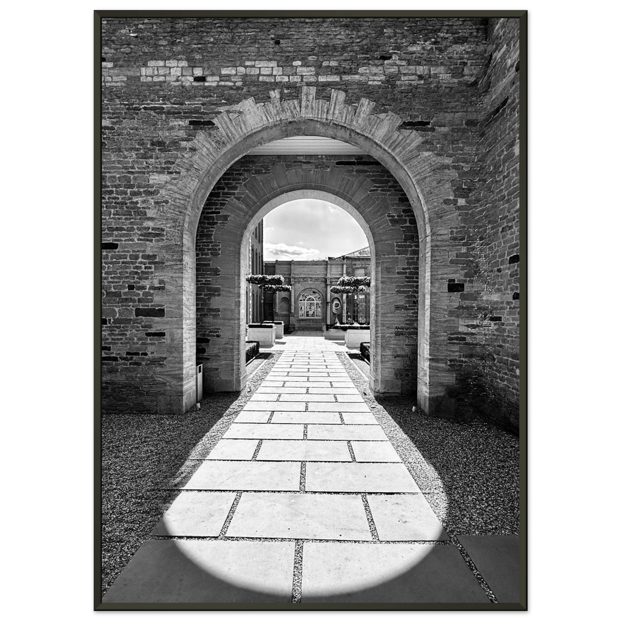 Black and white Cotswolds Estate aluminum framed poster featuring summer light and shadows, from the Studio Edition travel collection.