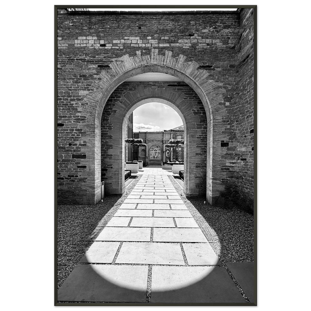Black and white Cotswolds Estate aluminum framed poster featuring summer light and shadows, from the Studio Edition travel art collection.