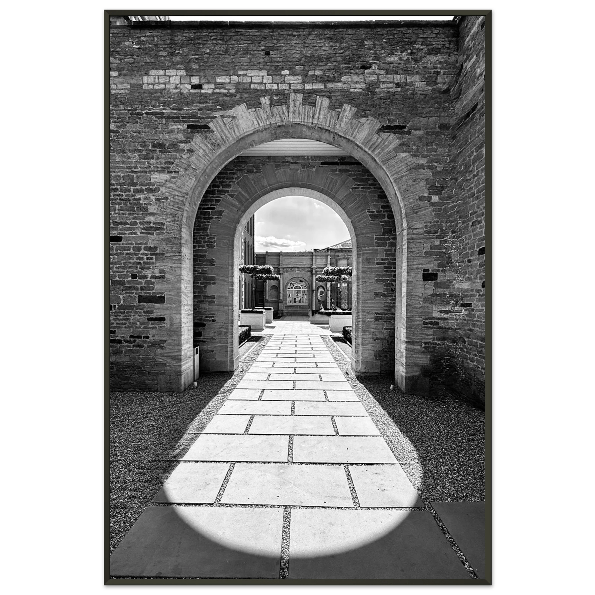 Black and white Cotswolds Estate aluminum framed poster featuring summer light and shadows, from the Studio Edition travel art collection.