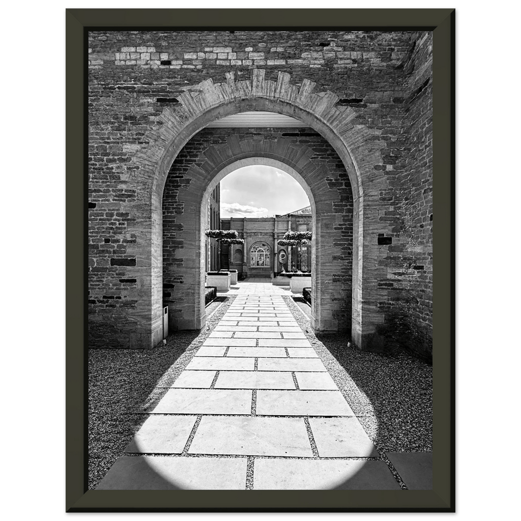 Black and white aluminum framed poster of Cotswolds estate with summer light and shadows, part of the Studio Edition travel collection.