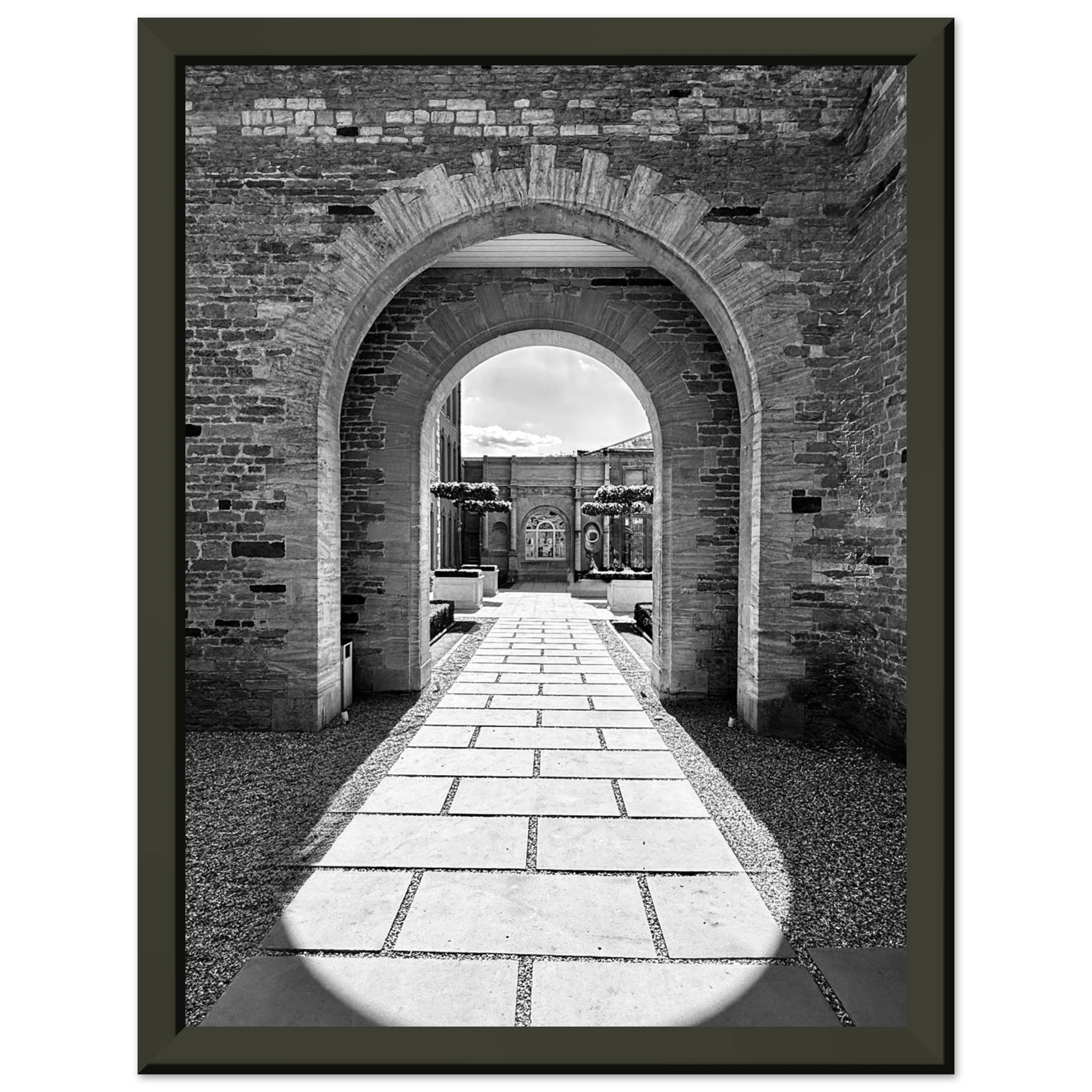 Black and white aluminum framed poster of Cotswolds estate with summer light and shadows, part of the Studio Edition travel collection.