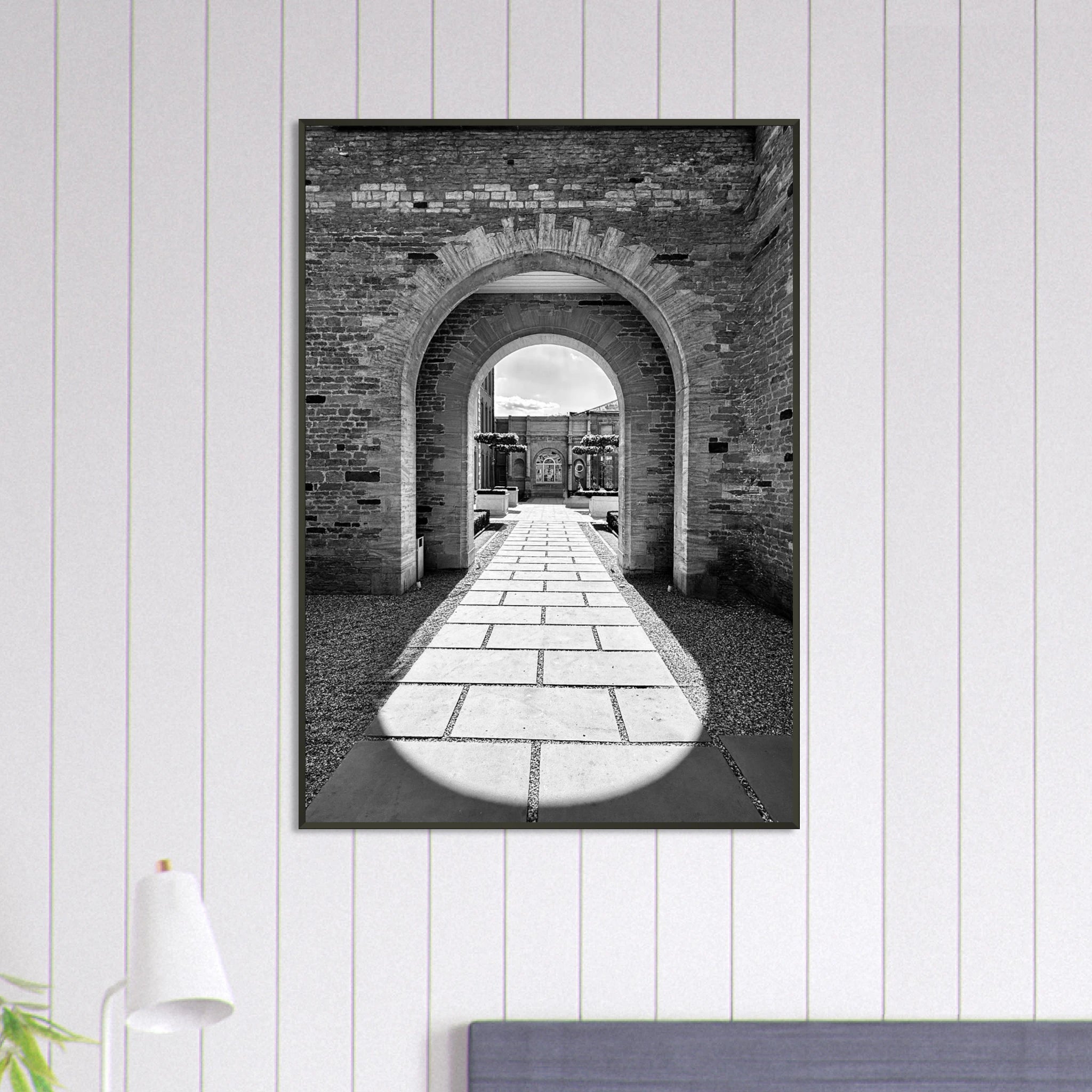 Cotswolds Estate aluminum-framed poster featuring summer light and shadows, black and white travel art print, 15x20 cm.