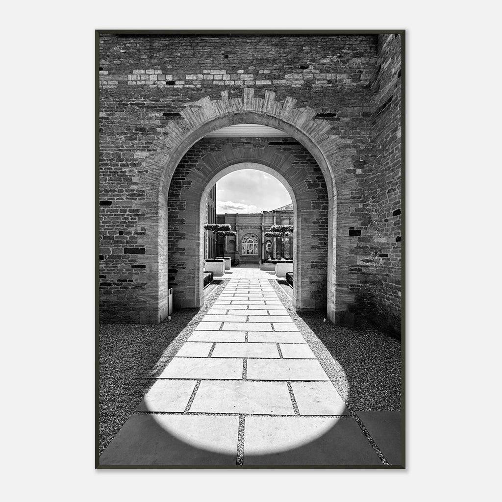 Black and white Cotswolds Estate aluminum framed poster featuring summer light and shadows, part of the Travel Collection art print.