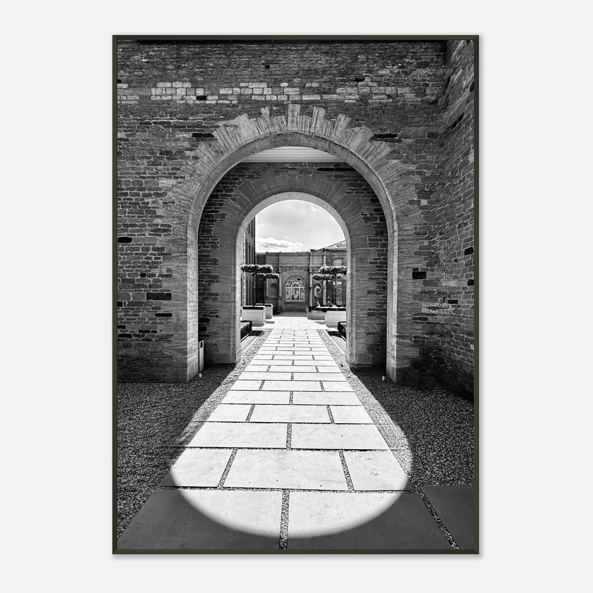 Black and white Cotswolds Estate aluminum framed poster featuring summer light and shadows, part of the Travel Collection art print.