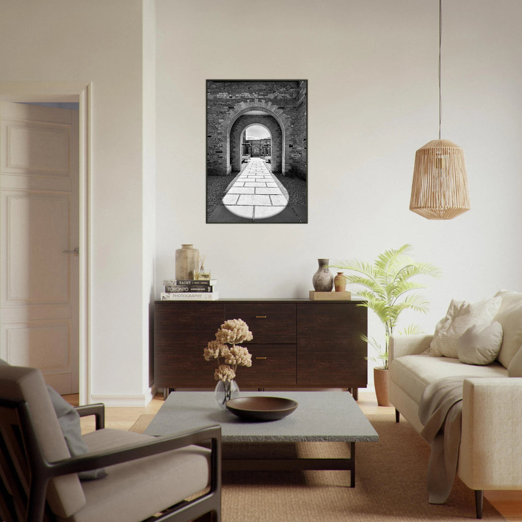 Black and white Cotswolds Estate aluminum framed poster featuring summer light and shadows, part of the travel collection print.