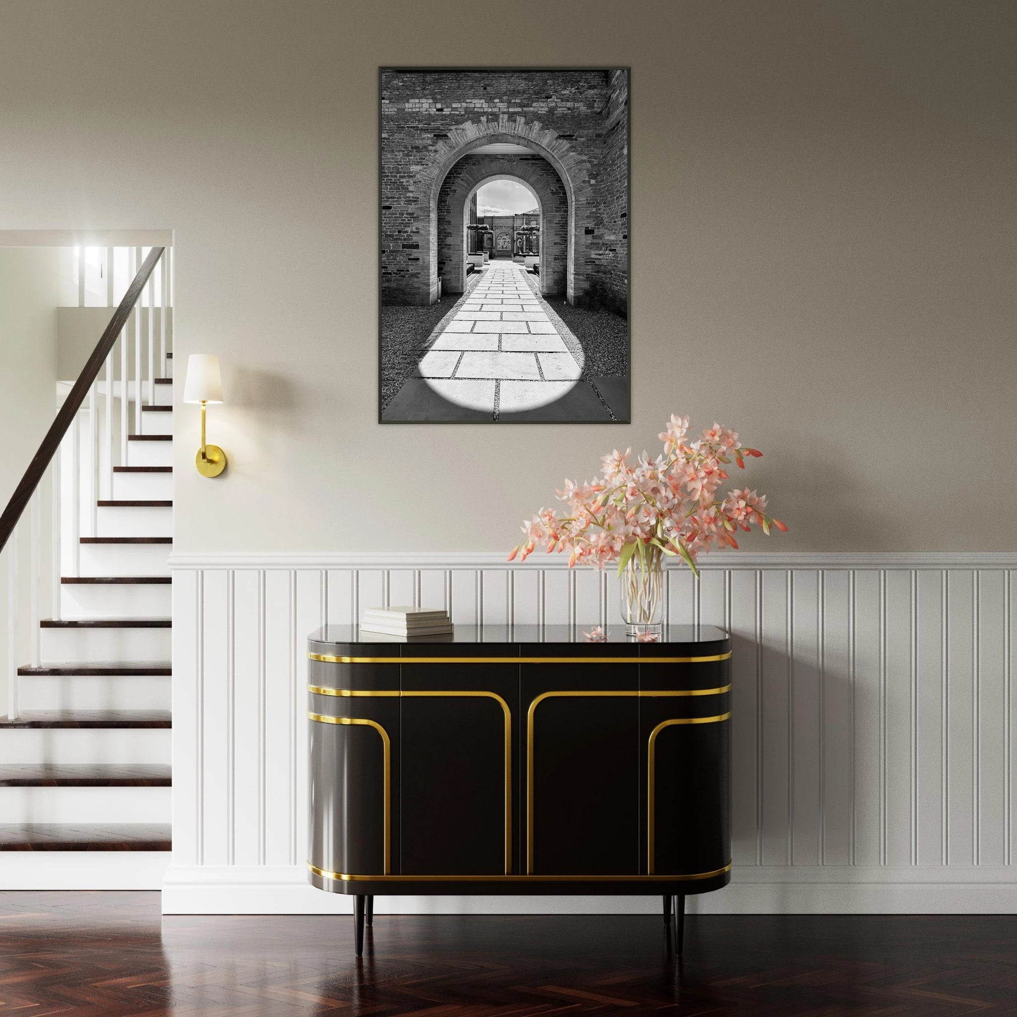 Cotswolds Estate aluminum framed poster featuring summer light and shadows in black and white, part of the travel collection print.