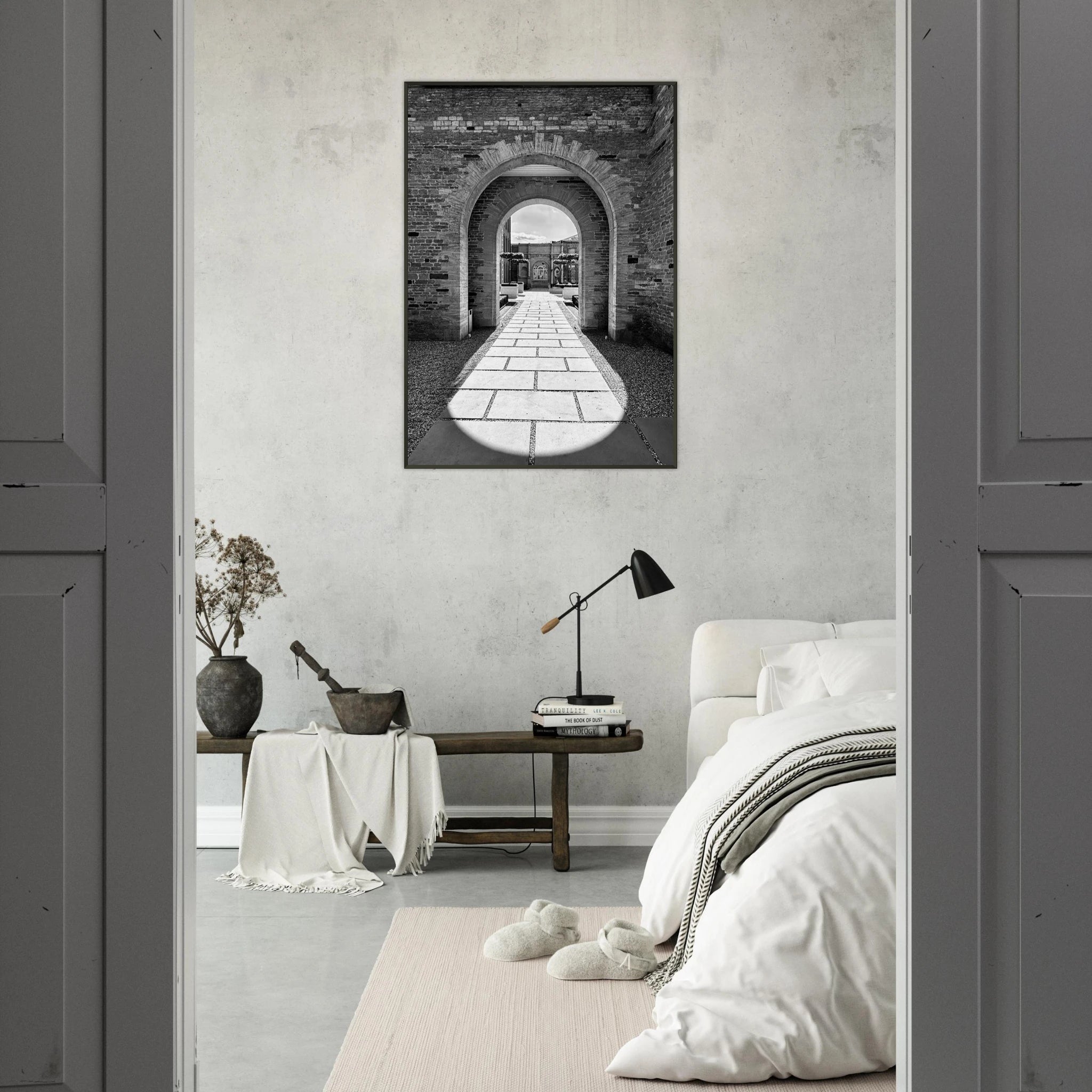 Cotswolds Estate aluminum framed poster featuring summer light and shadows, black and white travel art print, 15x20 cm.