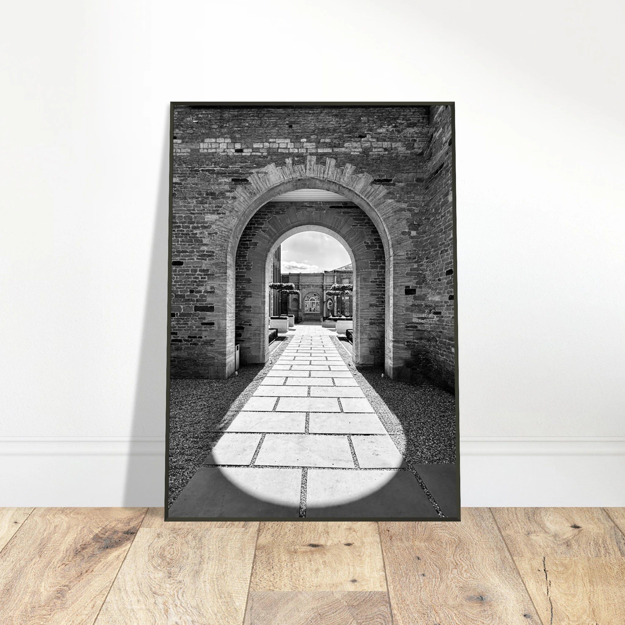 Black and white aluminum framed print of Cotswolds estate capturing summer light and shadows, part of the travel collection.