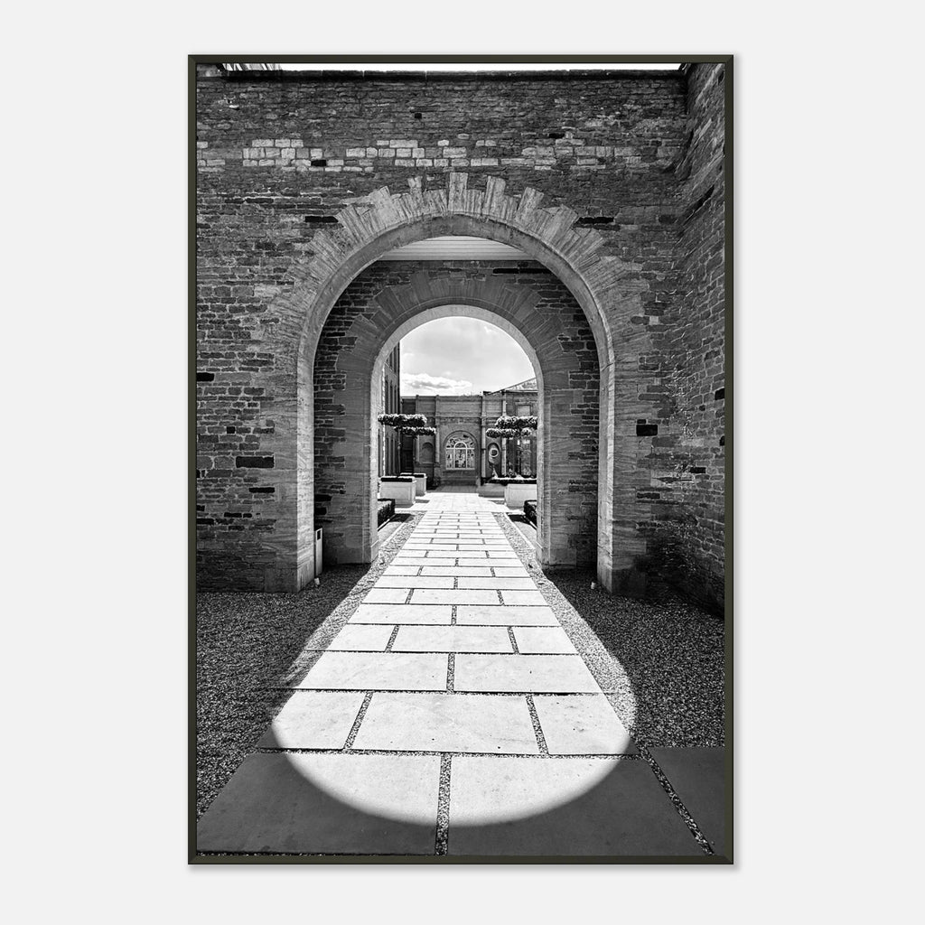 Cotswolds Estate aluminum framed poster featuring summer light and shadows, black and white travel art print, 15x20 cm.