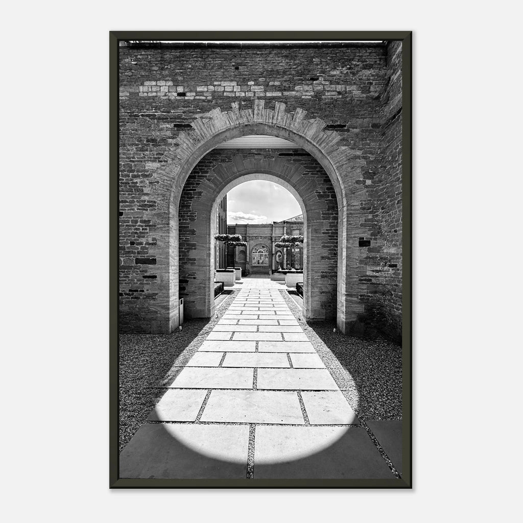 Black and white Cotswolds Estate aluminum framed poster featuring summer light and shadows, 15x20 cm print for travel art collection.