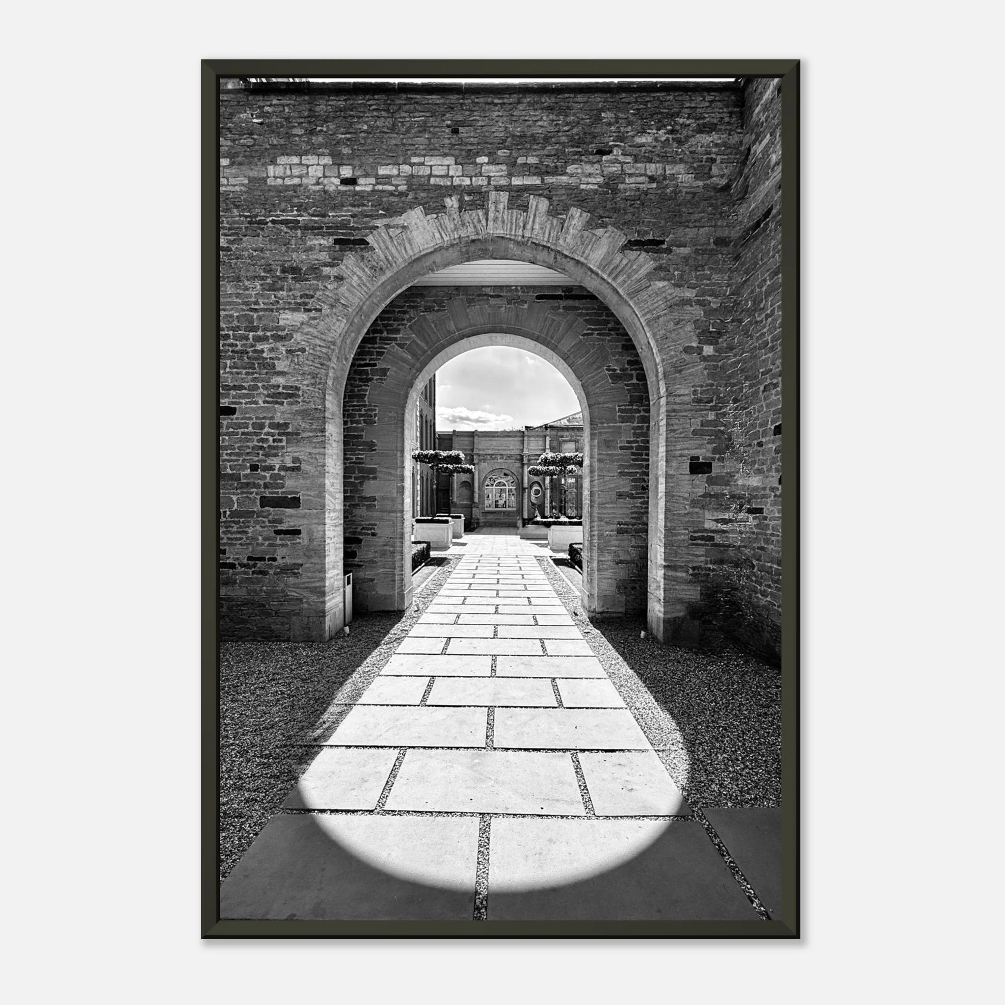 Black and white aluminum framed poster of Cotswolds estate with summer light and shadows, from the My Store travel collection.