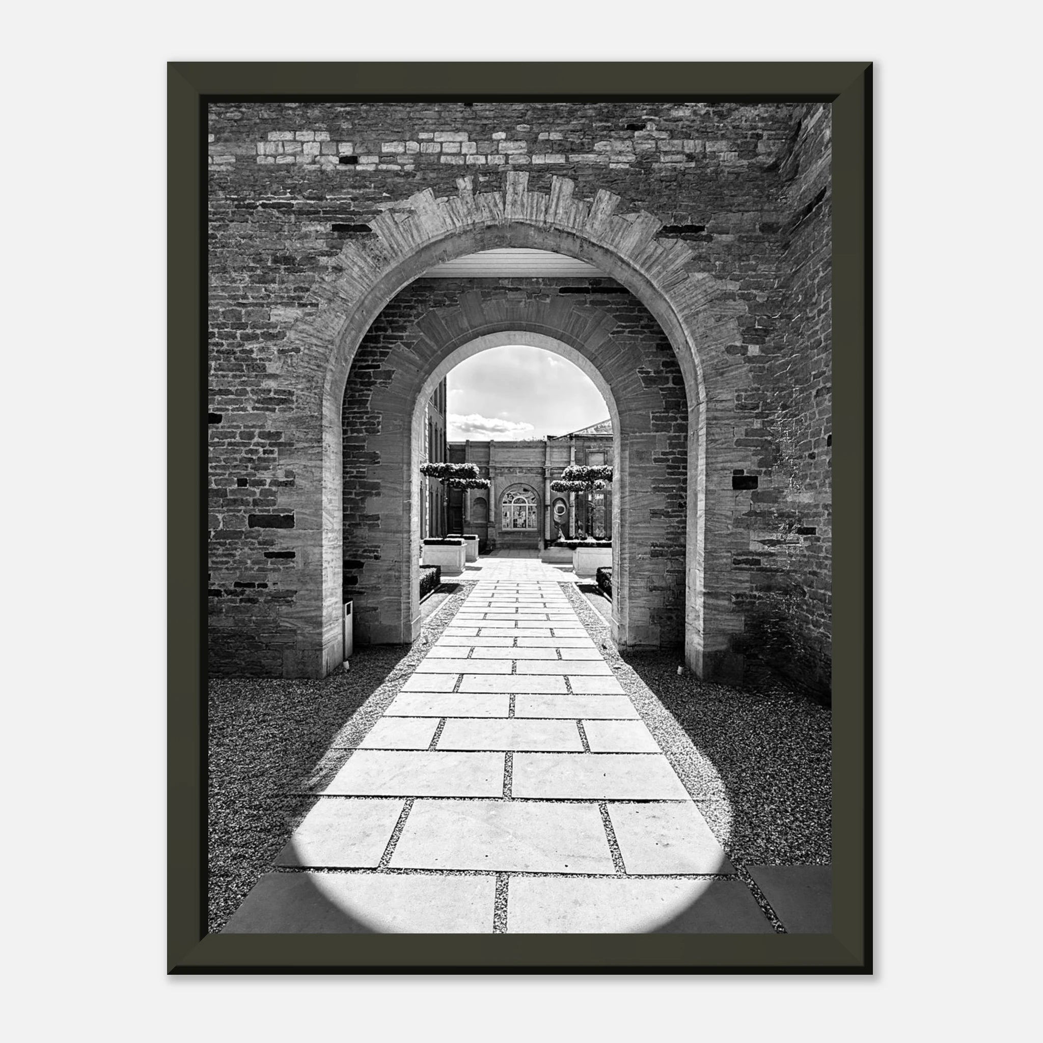 Black and white aluminum framed poster of Cotswolds estate with summer light and shadows, from the Travel Collection Studio Edition.