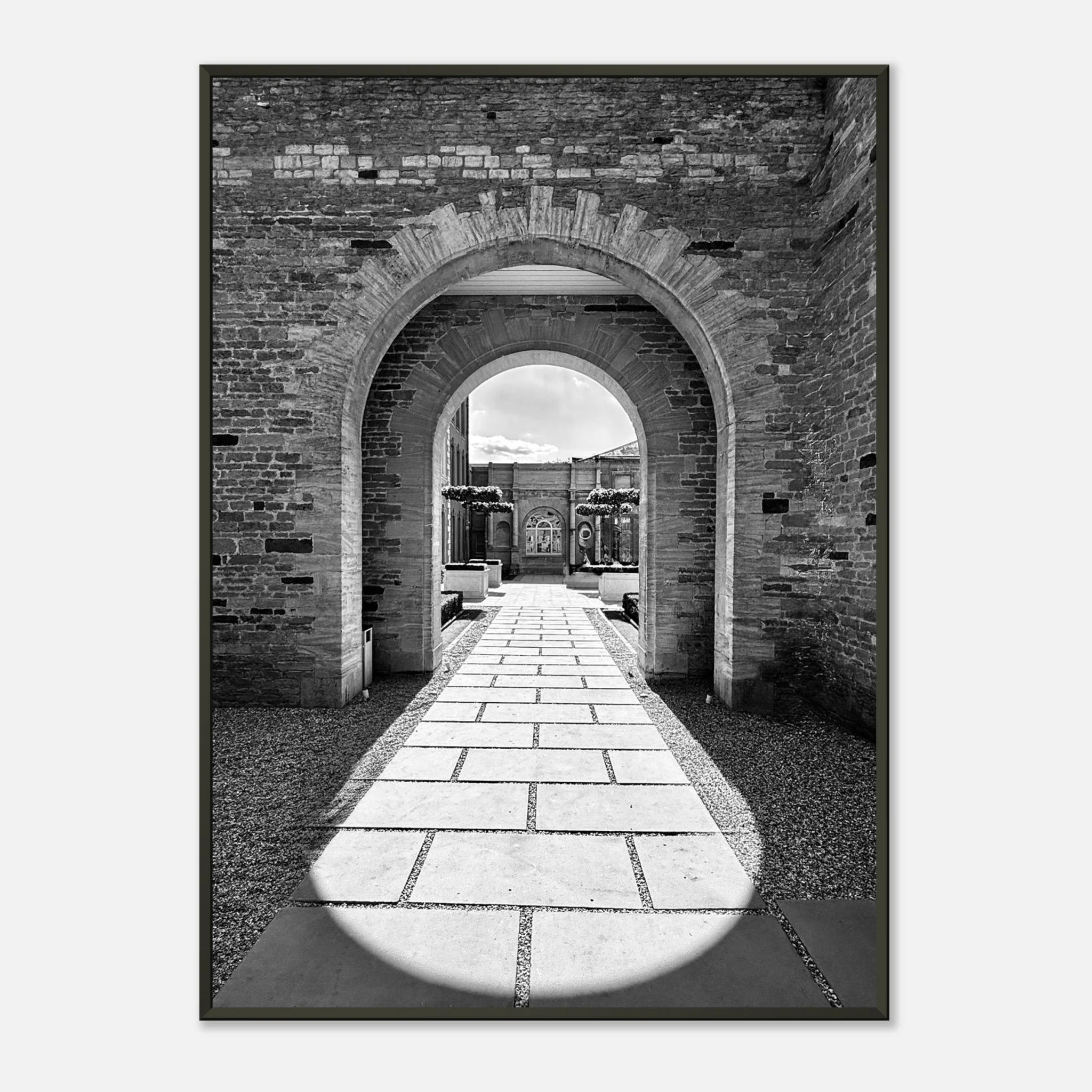 Aluminum framed poster of Cotswolds estate with summer light and shadows, black and white travel art print by My Store.