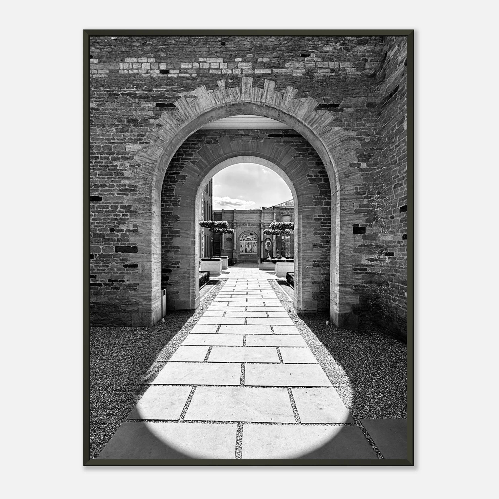 Aluminum framed poster of Cotswolds estate featuring summer light and shadows in black and white, part of the travel collection.