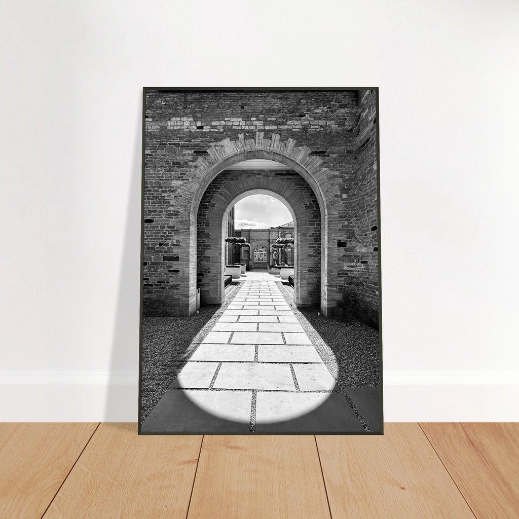 Black and white Cotswolds Estate aluminum-framed poster featuring summer light and shadows, part of the travel collection print.