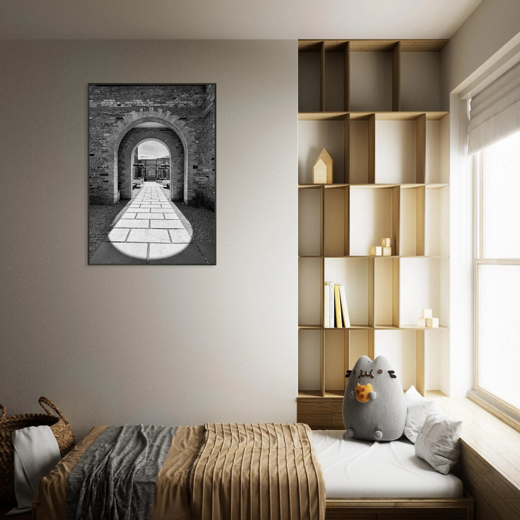 Aluminum framed poster of Cotswolds estate with summer light and shadows, black and white travel art print, 15x20 cm.