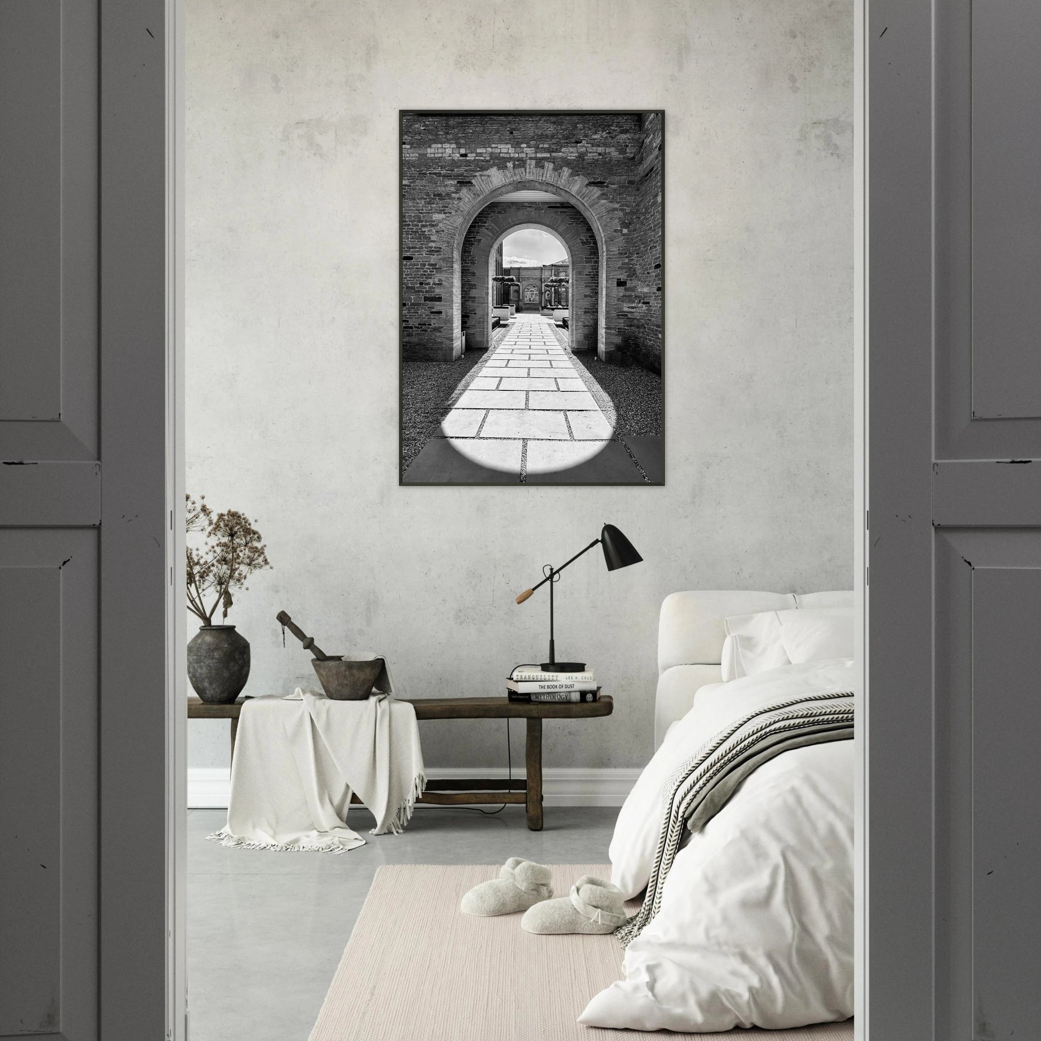 Aluminum-framed Cotswolds Estate poster featuring summer light and shadows in black and white, part of the travel collection print.
