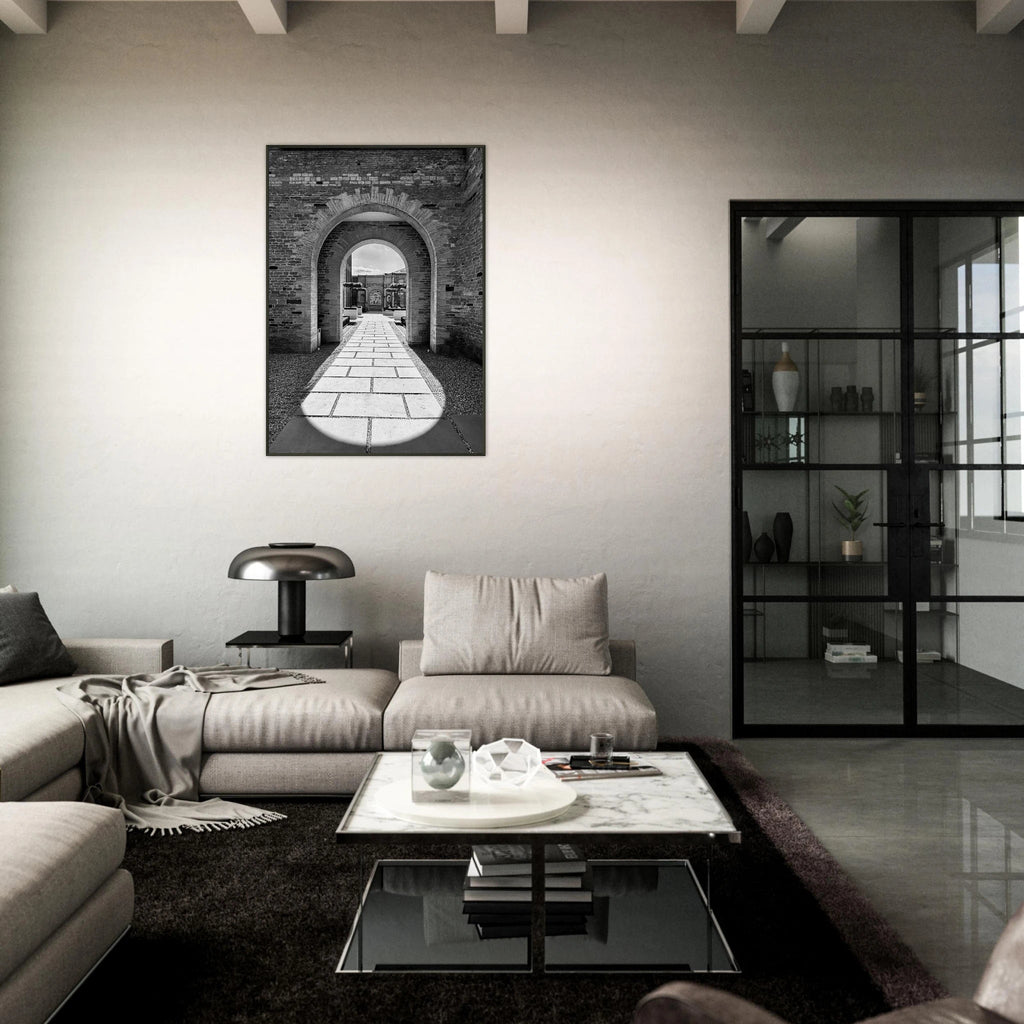 Black and white aluminum framed poster of Cotswolds estate with summer light and shadows, part of the travel collection art print.
