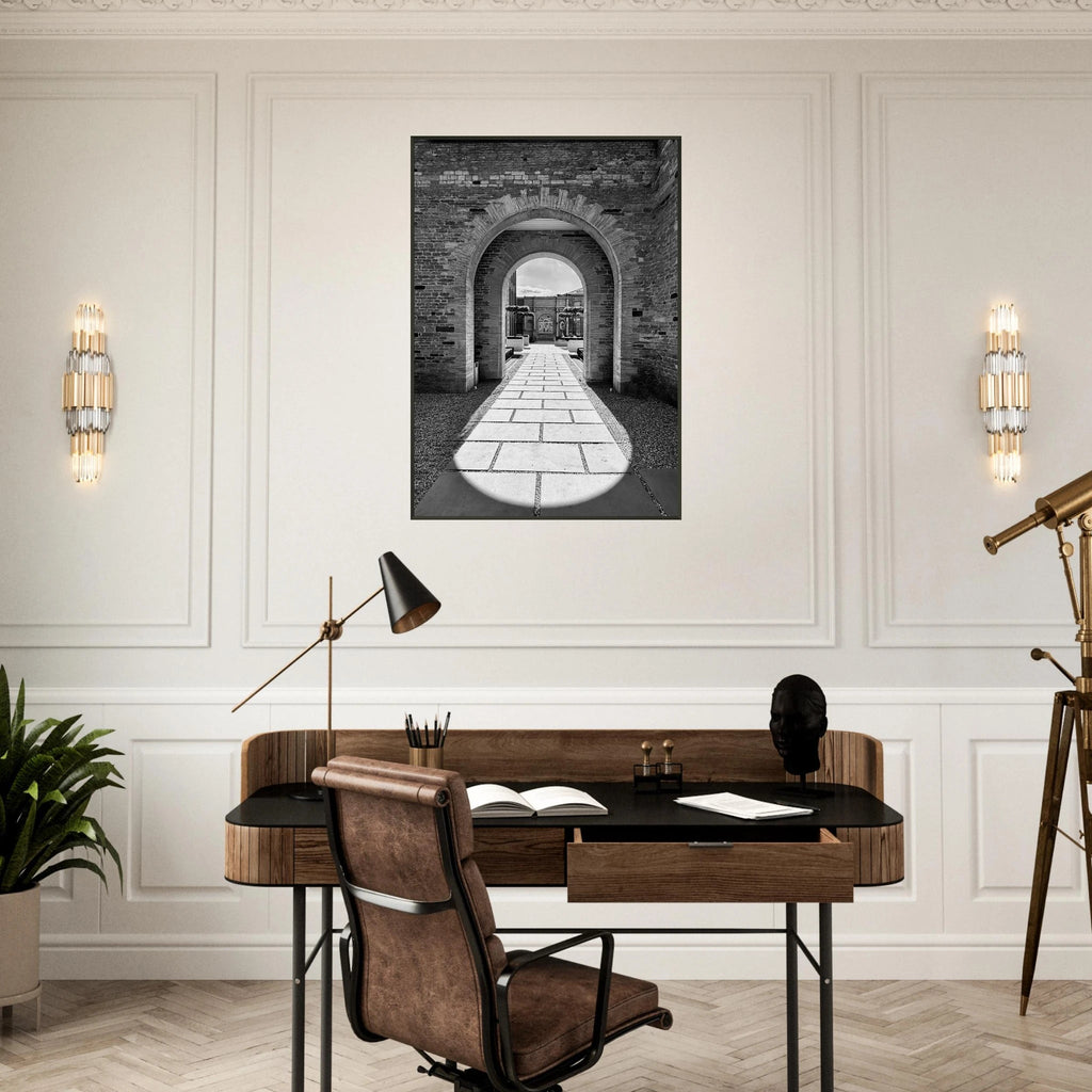 Black and white Cotswolds Estate aluminum framed poster featuring summer light and shadows, part of the travel collection art print.