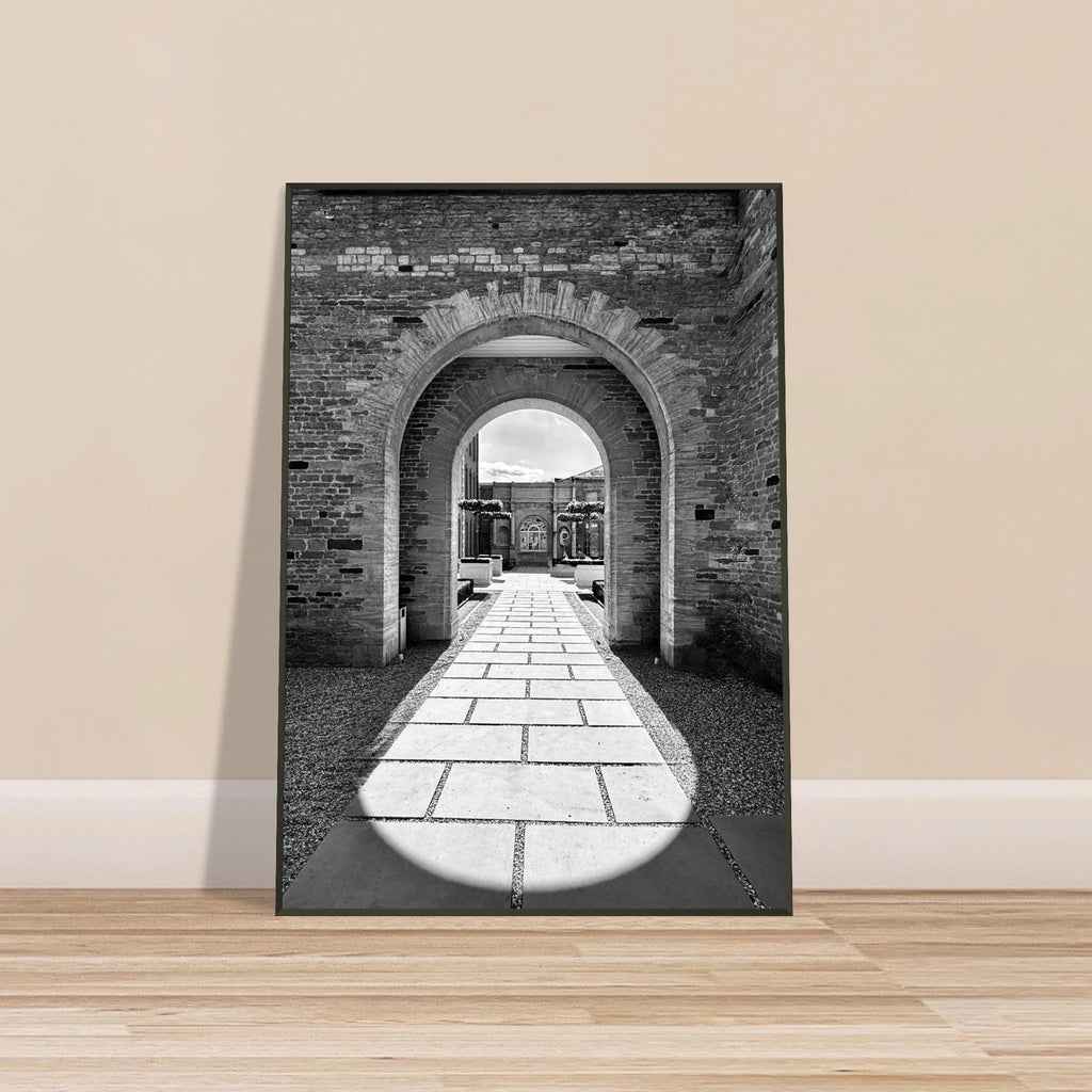 Black and white Cotswolds Estate aluminum framed poster featuring summer light and shadows, part of the travel collection print.