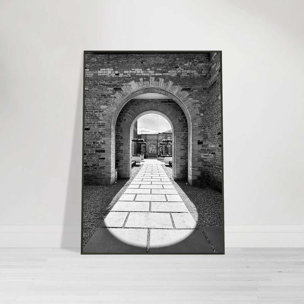 Aluminum framed poster featuring black and white summer light and shadows scene from the Cotswolds Estate travel collection.