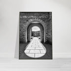 Aluminum framed poster featuring black and white summer light and shadows scene from the Cotswolds Estate travel collection.