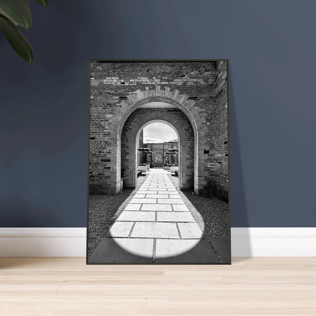 Black and white aluminum framed poster of Cotswolds Estate with summer light and shadows, part of the travel collection.