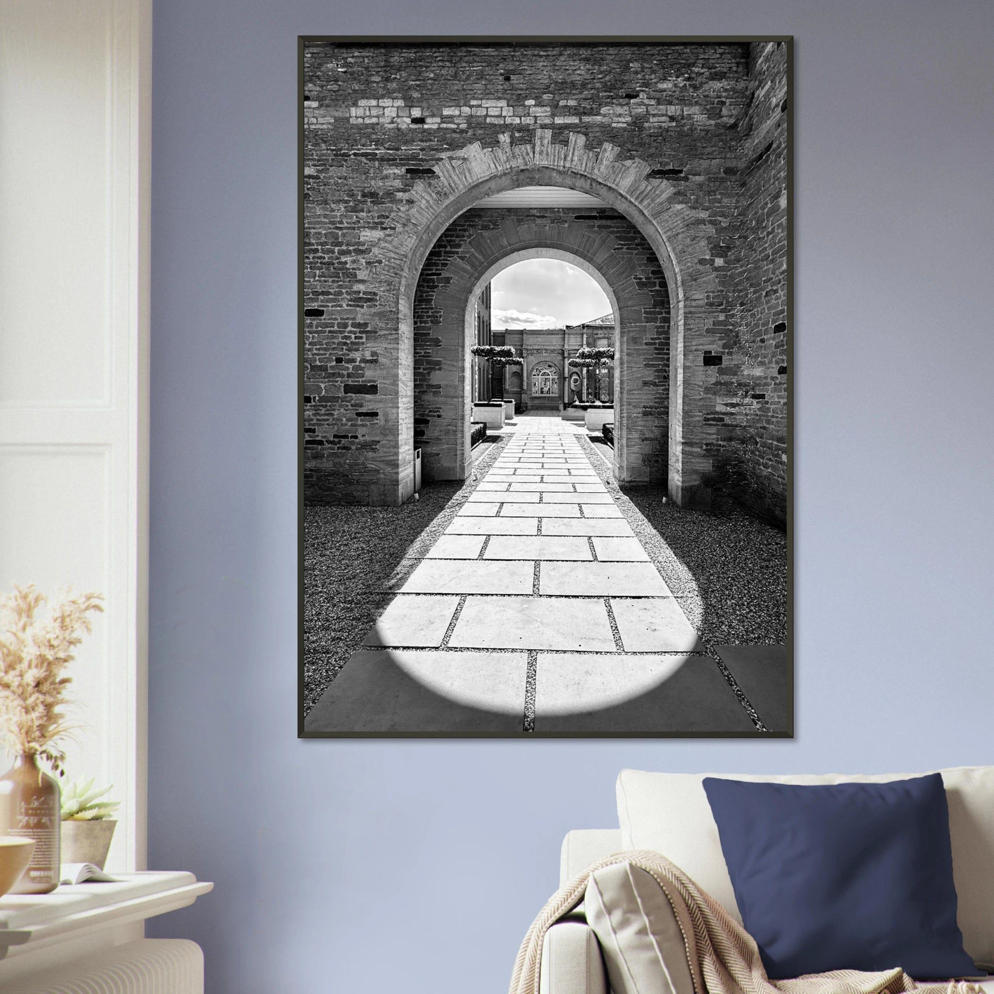 Black and white Cotswolds Estate aluminum framed poster featuring summer light and shadows, part of the travel collection.
