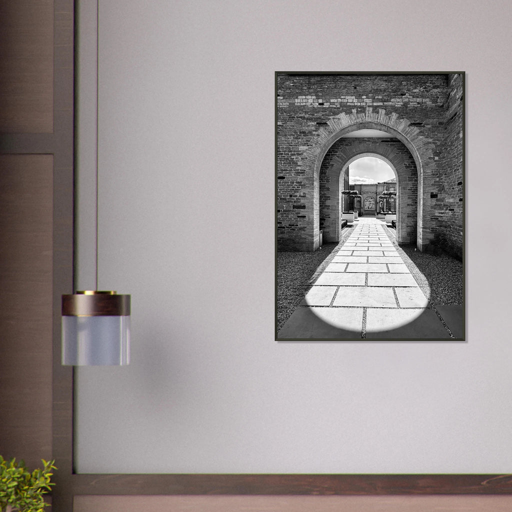 Black and white Cotswolds Estate aluminum framed poster featuring summer light and shadows, part of the travel collection.