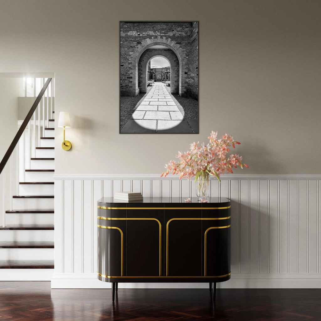 Black and white aluminum framed poster of Cotswolds estate with summer light and shadows, part of the travel collection print.