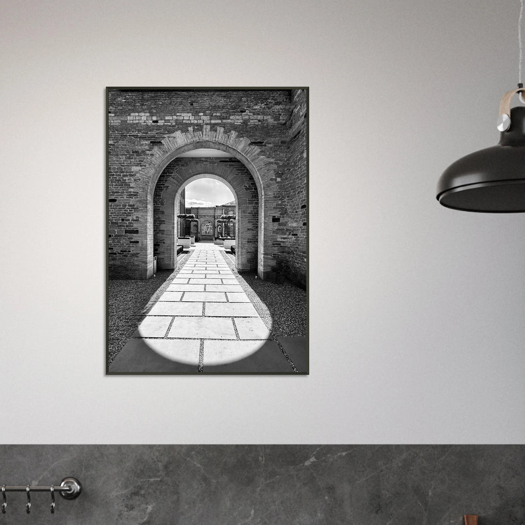 Cotswolds Estate aluminum framed poster featuring summer light and shadows, black and white travel art print, 15x20 cm.