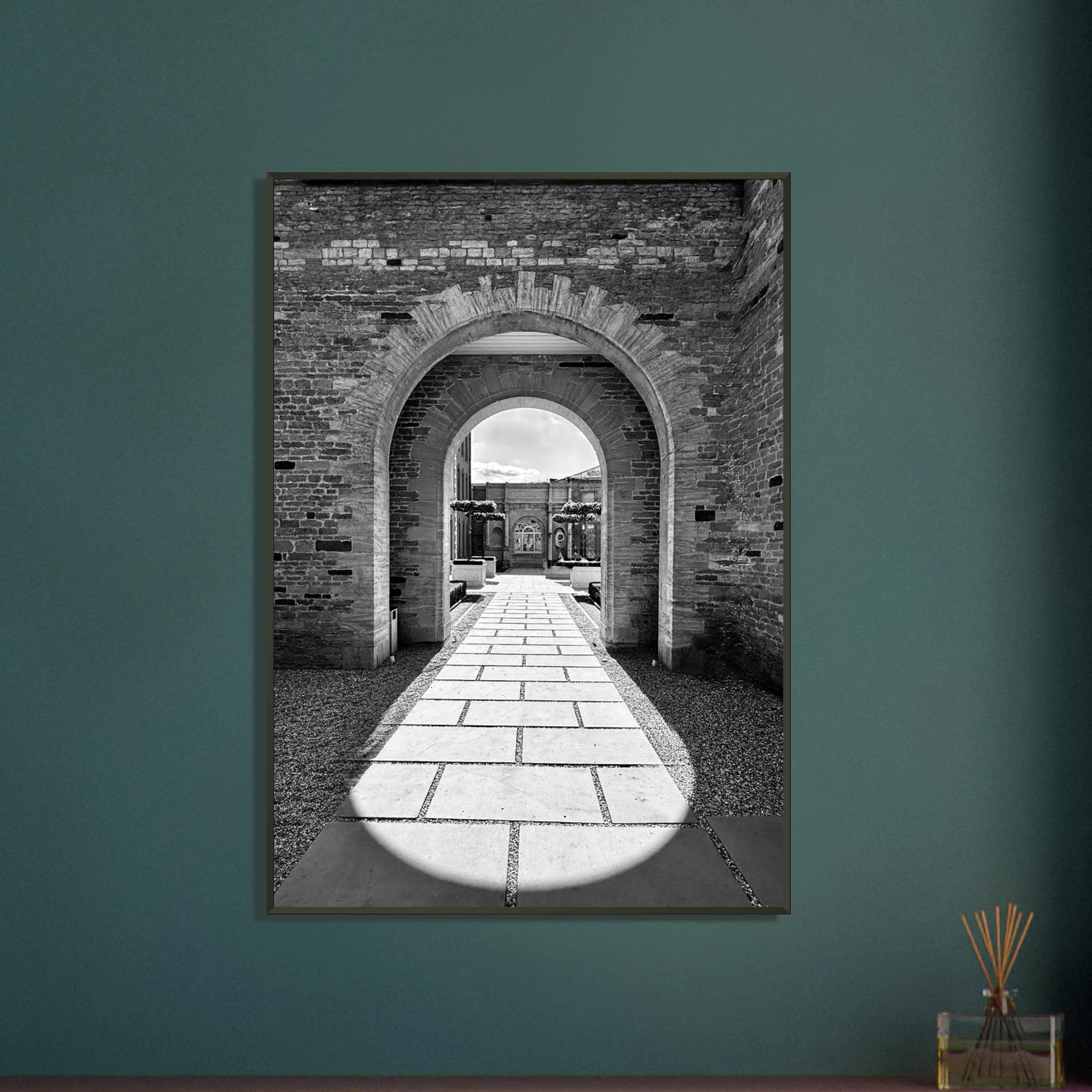 Black and white aluminum framed poster of Cotswolds Estate featuring summer light and shadows, part of the travel collection print.