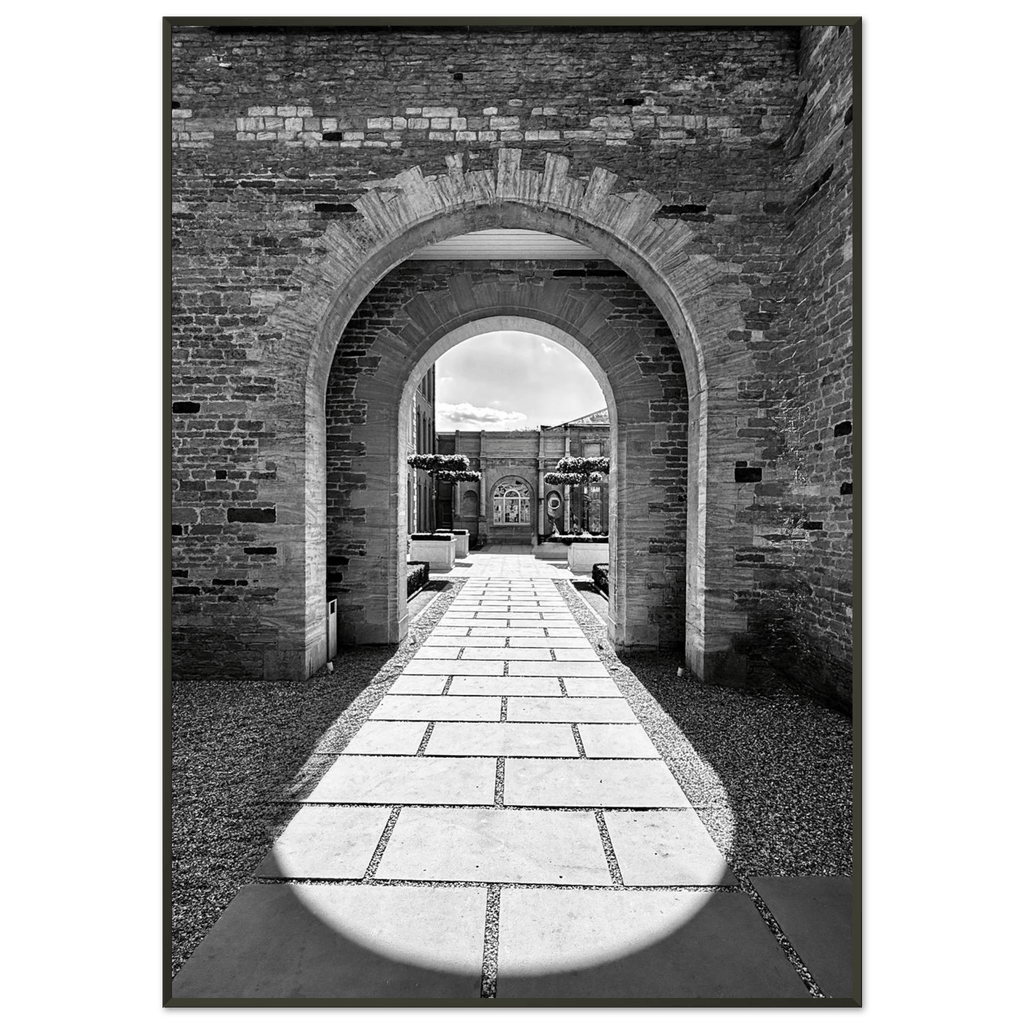 Black and white aluminum framed poster of Cotswolds estate with summer light and shadows, part of the Studio Edition travel collection.