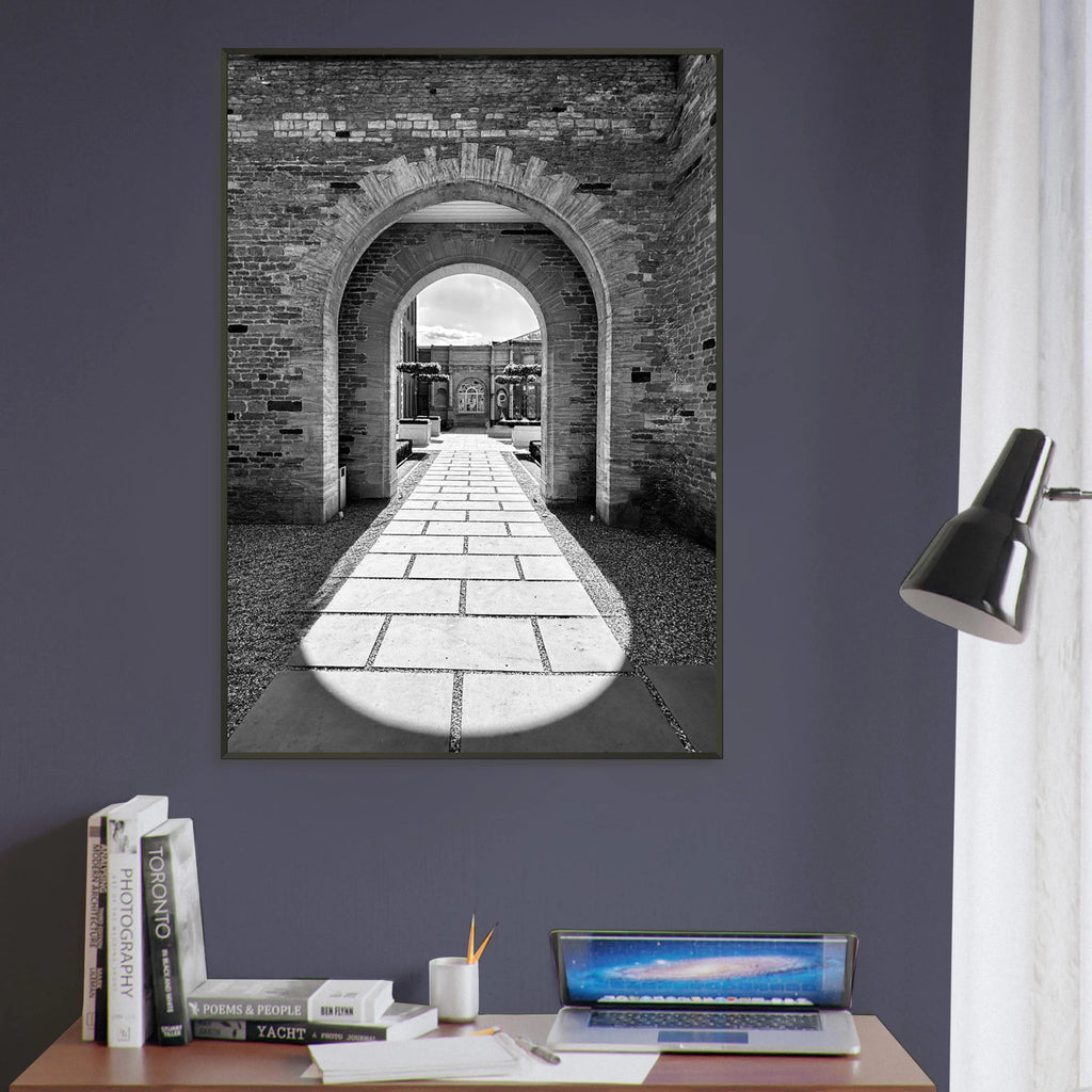 Black and white aluminum-framed poster of Cotswolds estate with summer light and shadows, part of the Studio Edition travel collection.