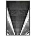 Black and white framed poster of London Tube escalator, abstract wall art print on high-quality material, part of travel collection.
