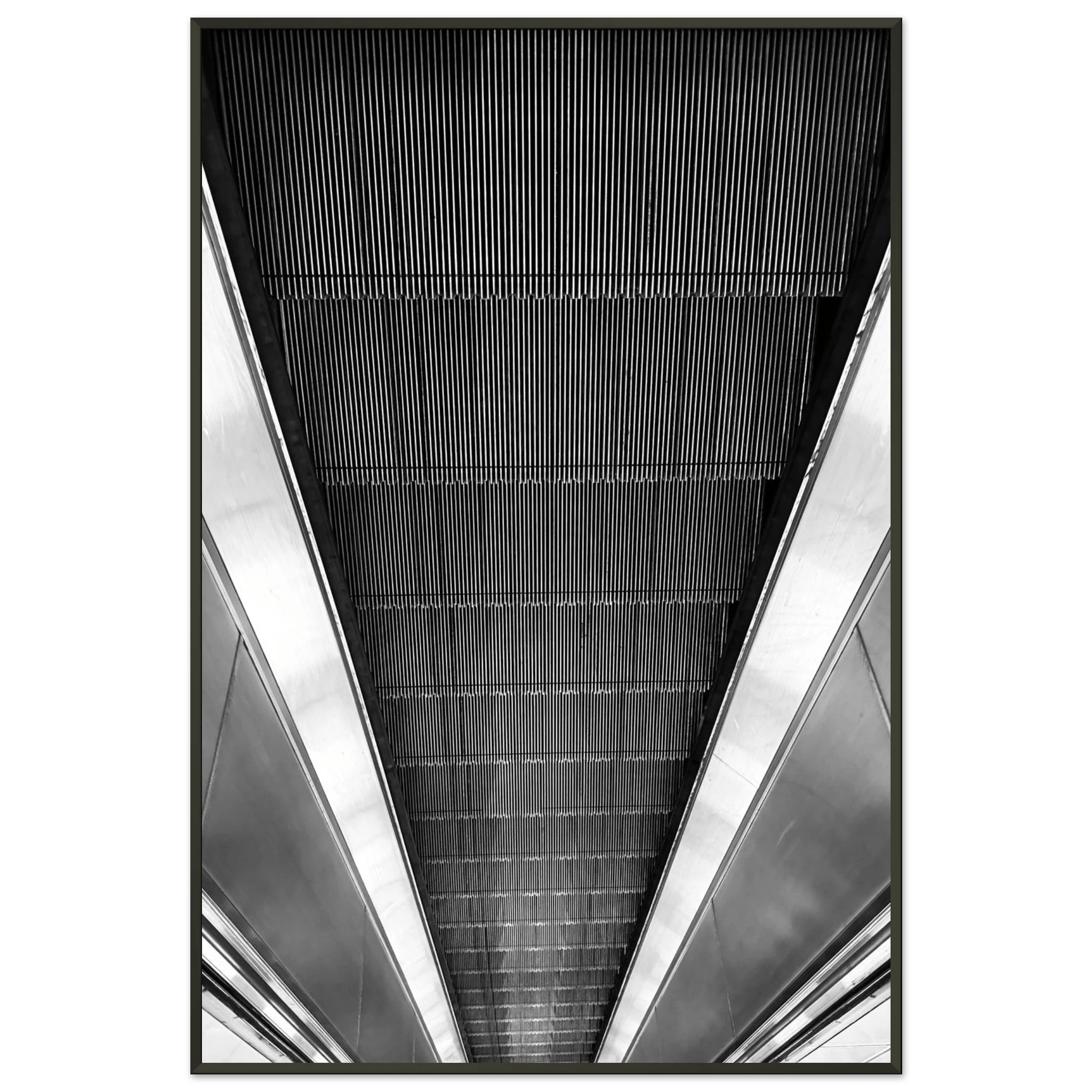 Black and white framed poster of London Tube escalator abstract print from the Travel Collection, Studio Edition by My Store.