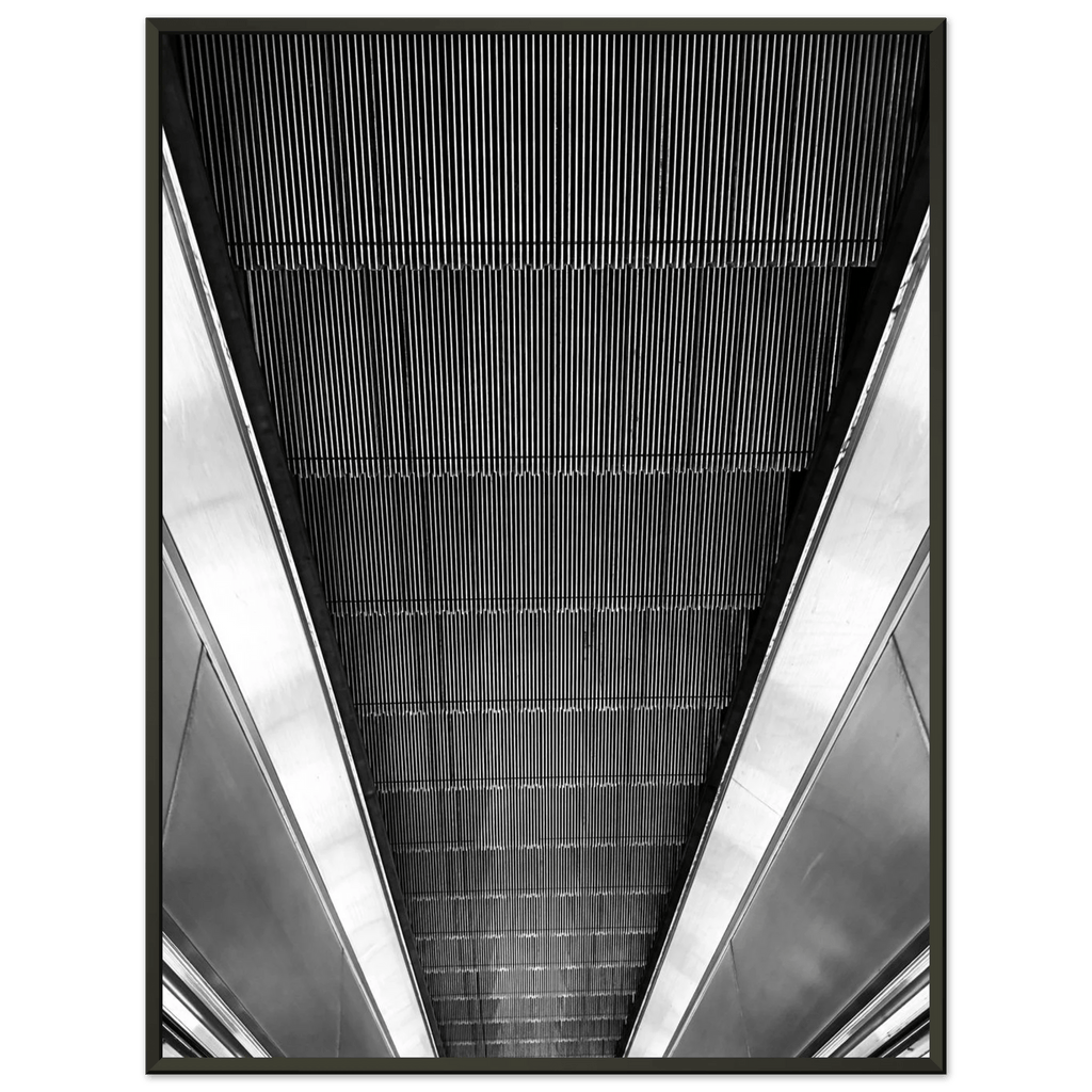 Black and white abstract framed poster of London Tube escalator, wall art print, 15x20 cm, part of the travel collection.