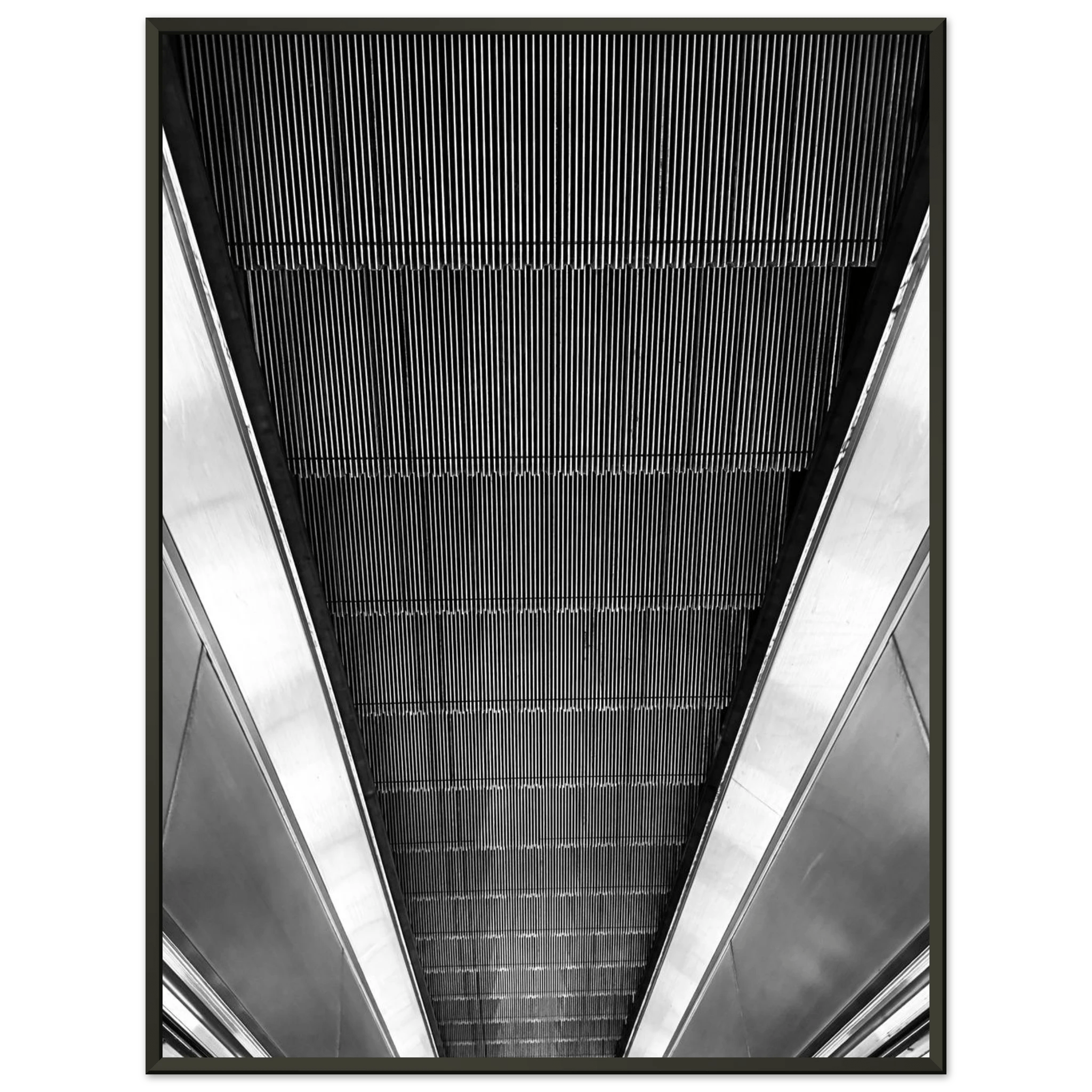 Black and white framed print of London Tube escalator abstract artwork from the Travel Collection by My Store.