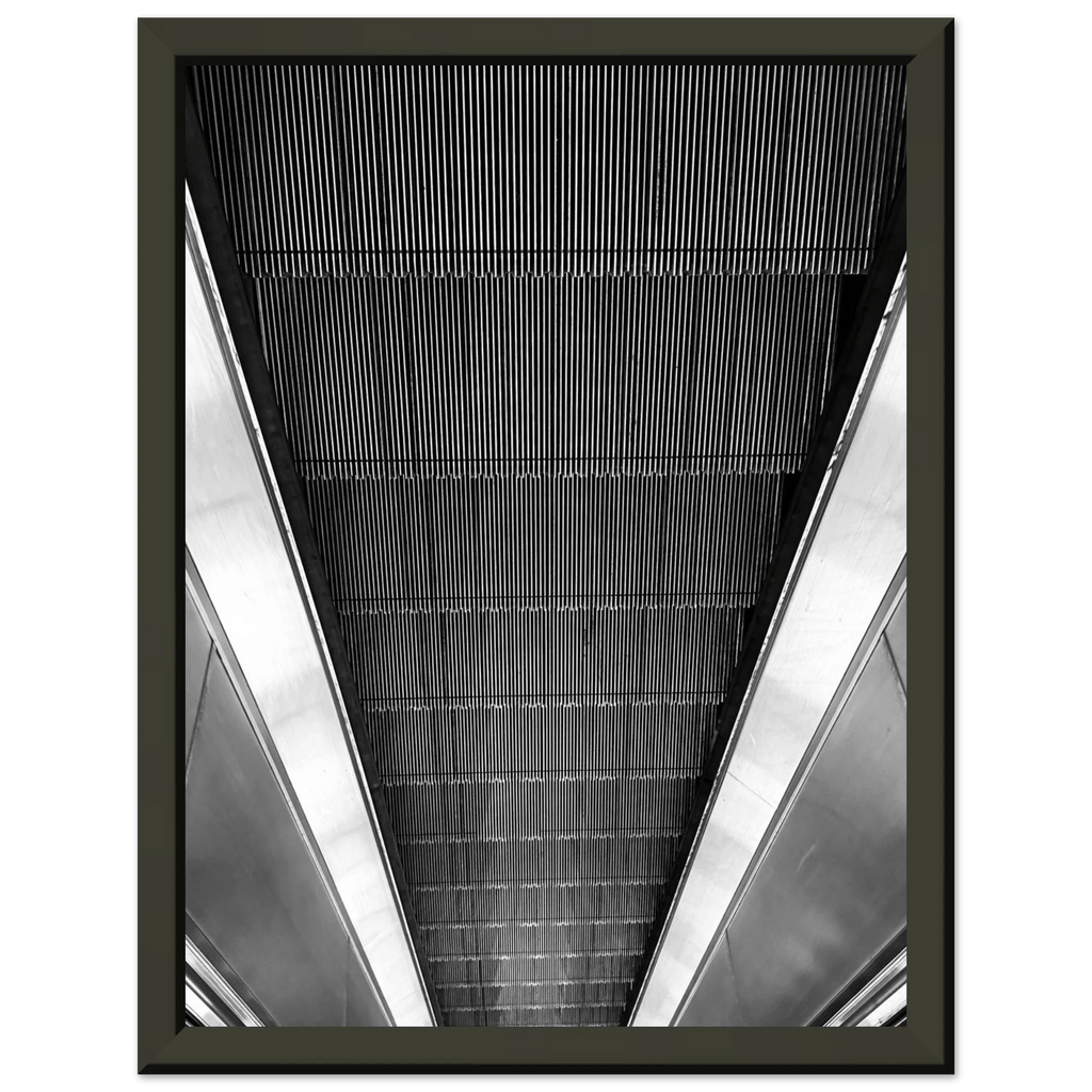 Black and white framed print of London Tube escalator abstract artwork from the Travel Collection by My Store, studio edition.