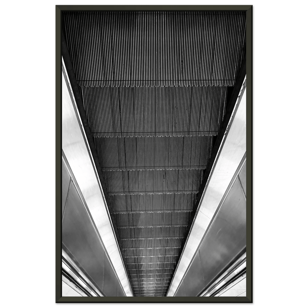 Black and white framed print of London Tube escalator abstract art from the Travel Collection, Studio Edition, 15x20 cm.