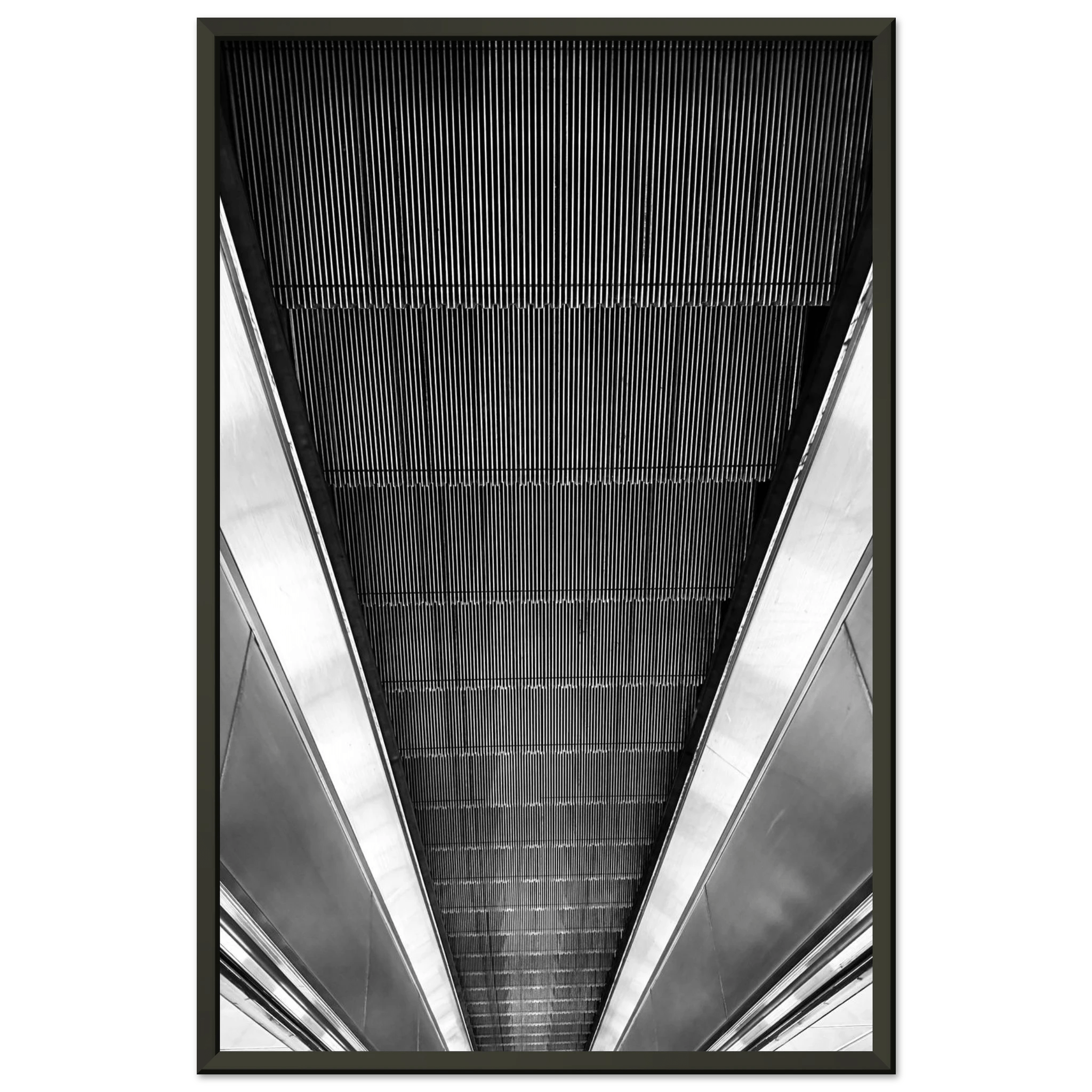 Black and white framed print of London Tube escalator abstract art from the Travel Collection, Studio Edition, 15x20 cm.