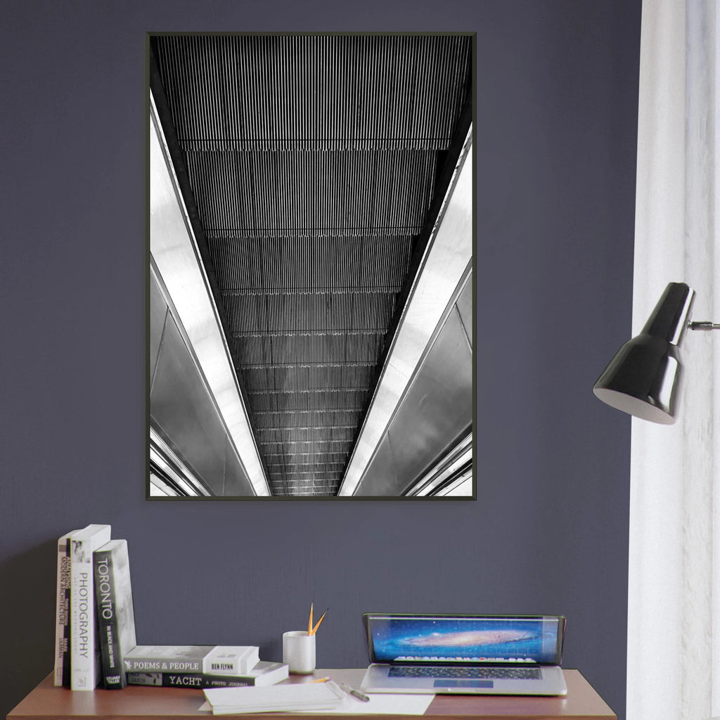 Black and white abstract print of London Tube escalator framed poster from the Travel Collection, studio edition, 15x20 cm.
